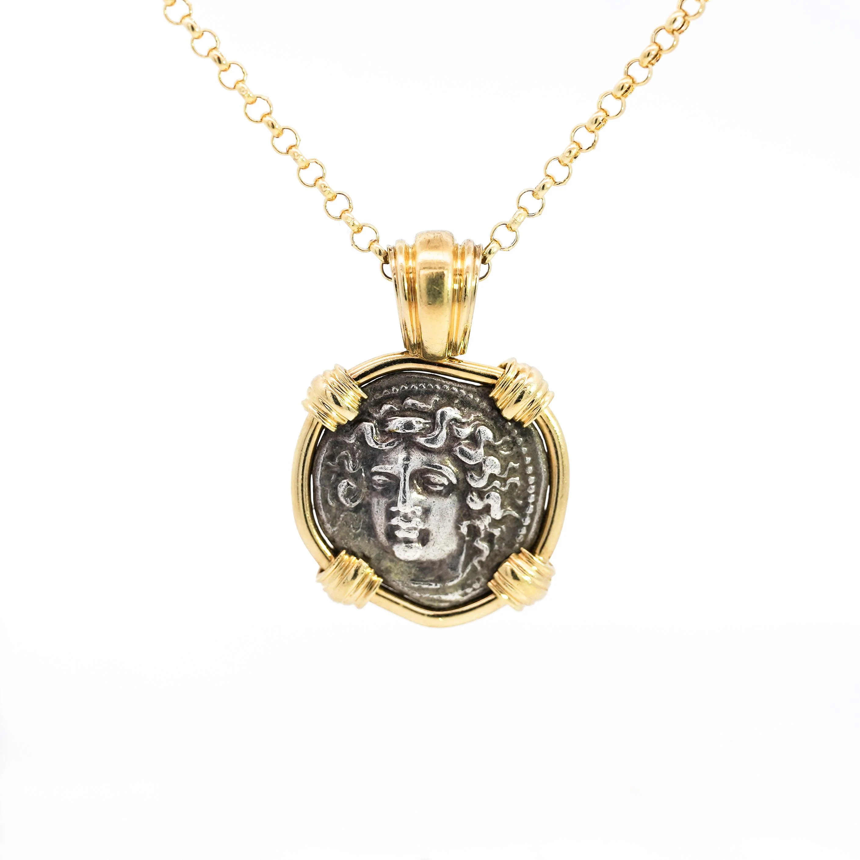 Antique Larissa Greek Coin in 18K Gold Frame Pendant
