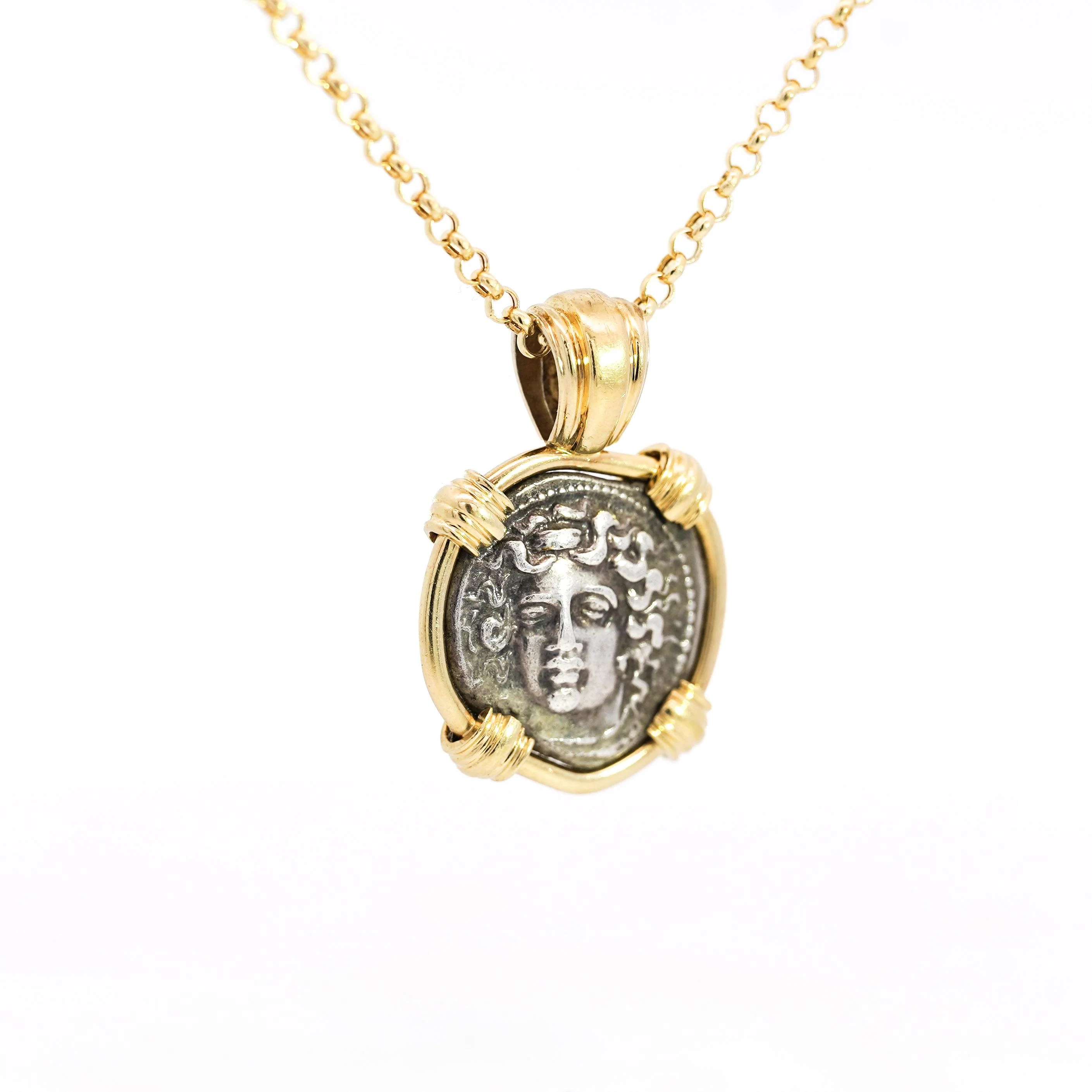 Antique Larissa Greek Coin in 18K Gold Frame Pendant - Image 4