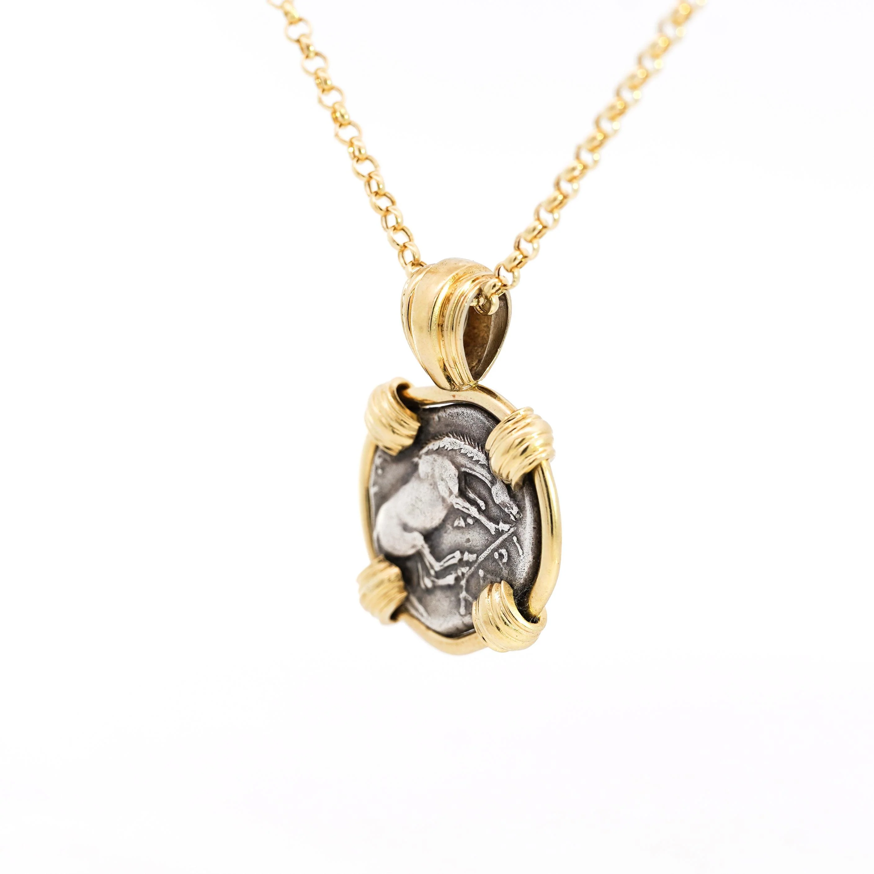 Antique Larissa Greek Coin in 18K Gold Frame Pendant - Image 5