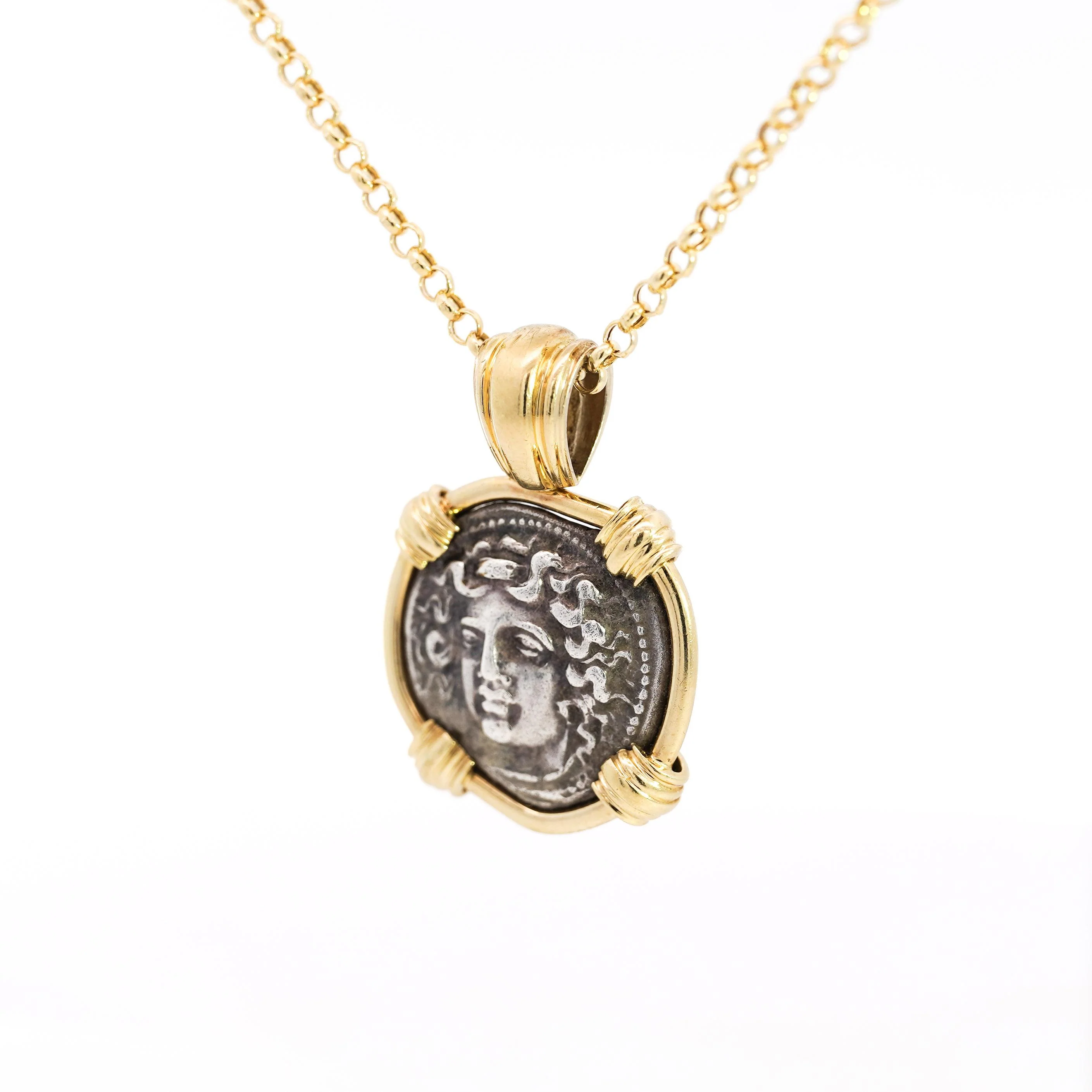 Antique Larissa Greek Coin in 18K Gold Frame Pendant - Image 6