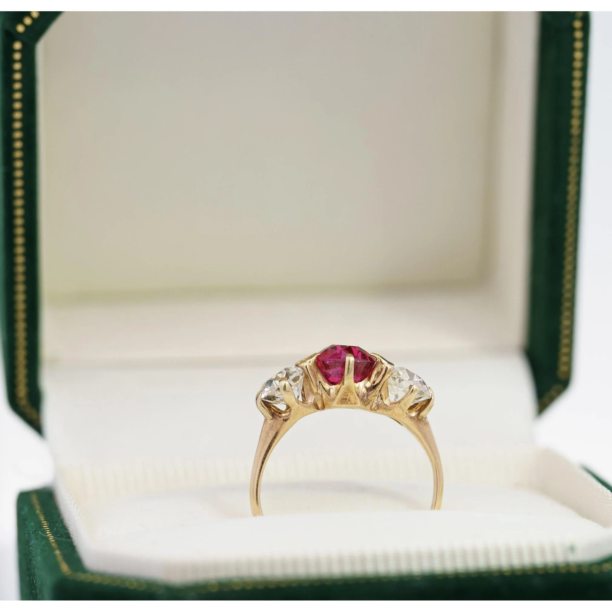 Antique Red Spinel and Old Mine Diamond 14K Yellow Gold Three-Stone Ring - Image 9