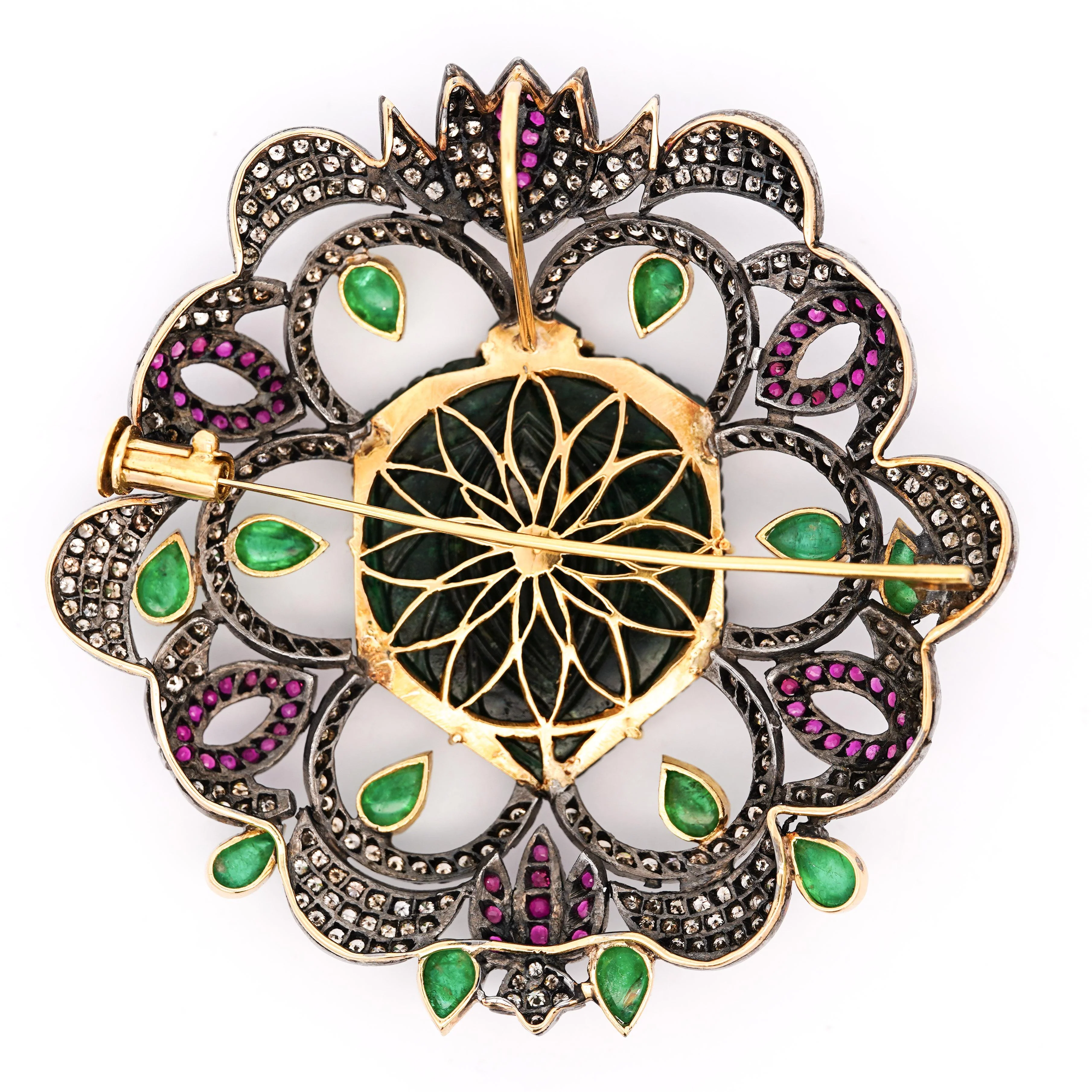 Antique Victorian Carved Jade, Emerald, Ruby, Diamond Gold Pendant or Brooch - Image 2