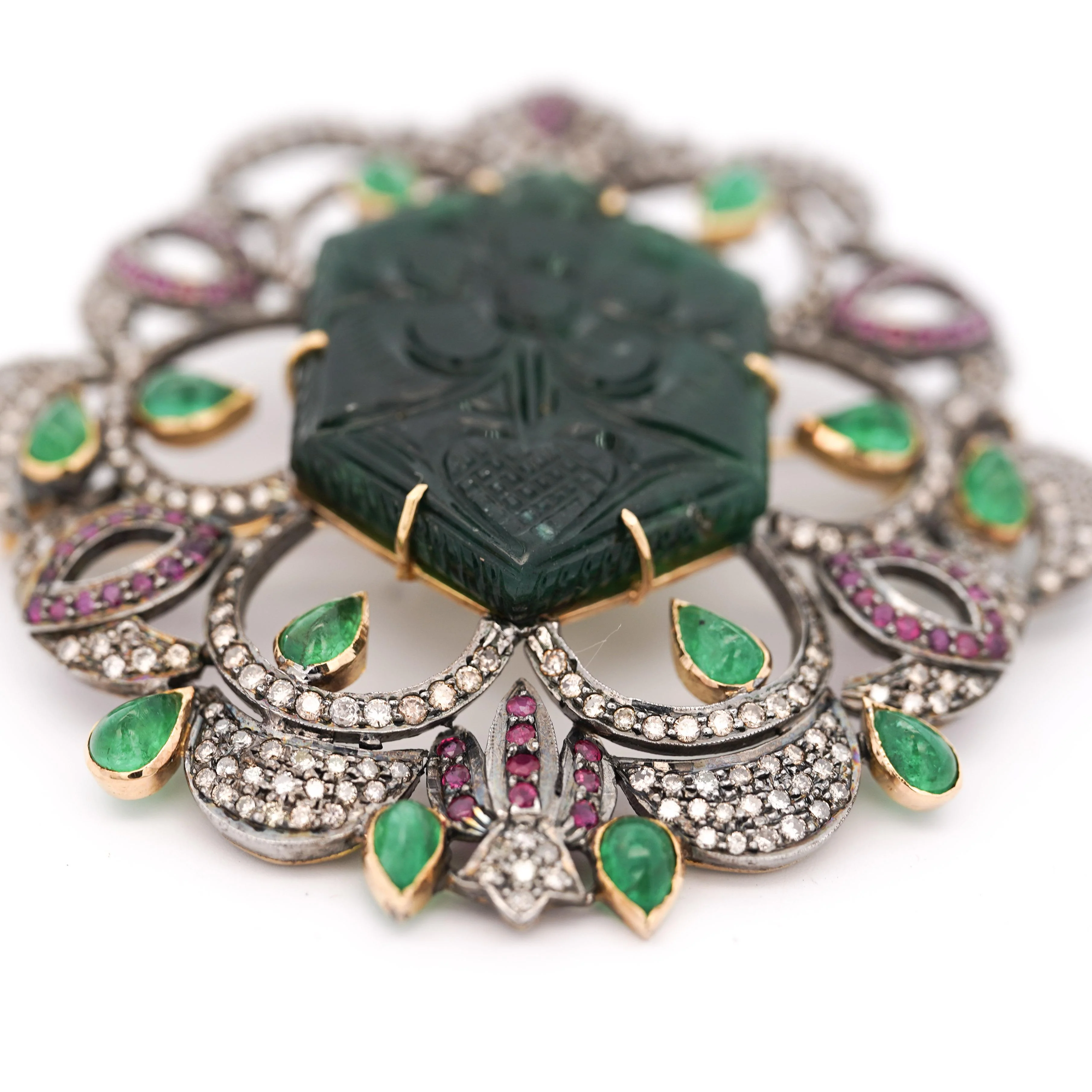 Antique Victorian Carved Jade, Emerald, Ruby, Diamond Gold Pendant or Brooch - Image 3