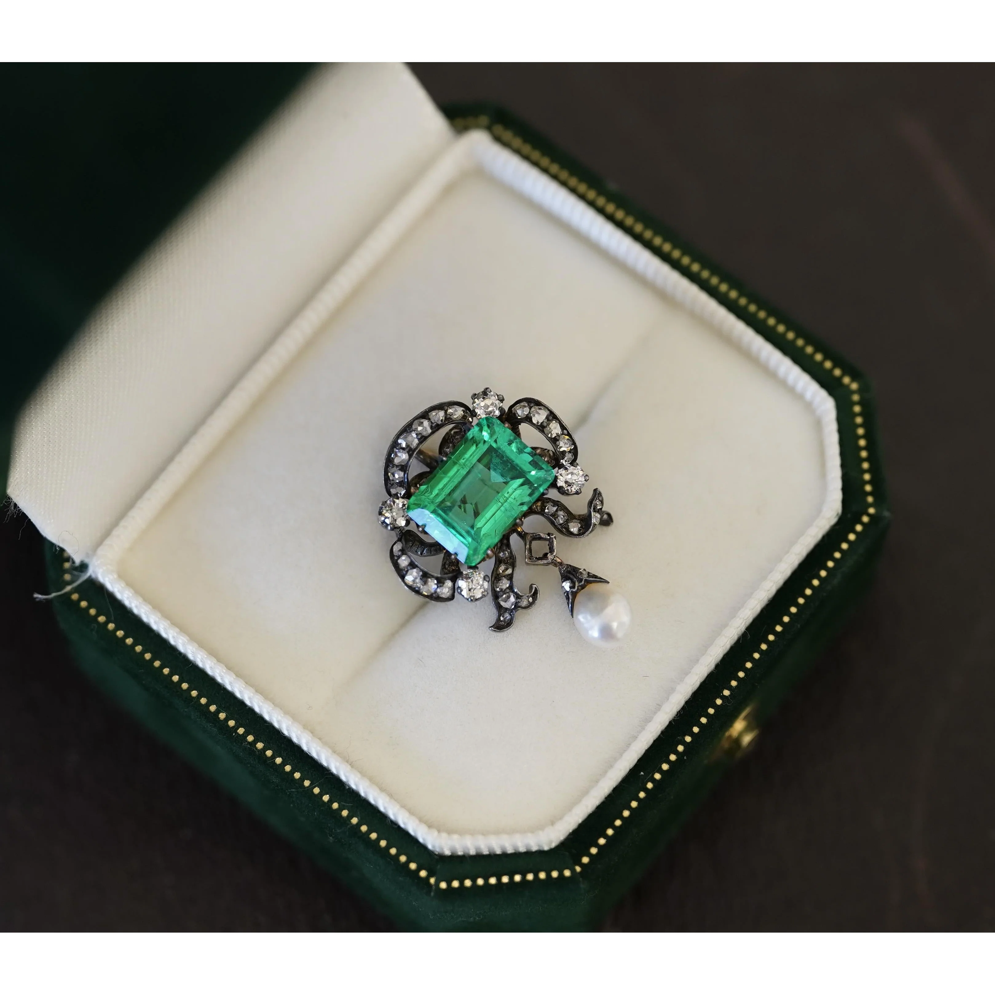 Antique Victorian Colombian Emerald, Pearl, & Old Mine Diamond Pendant Circa 1880 - Image 6