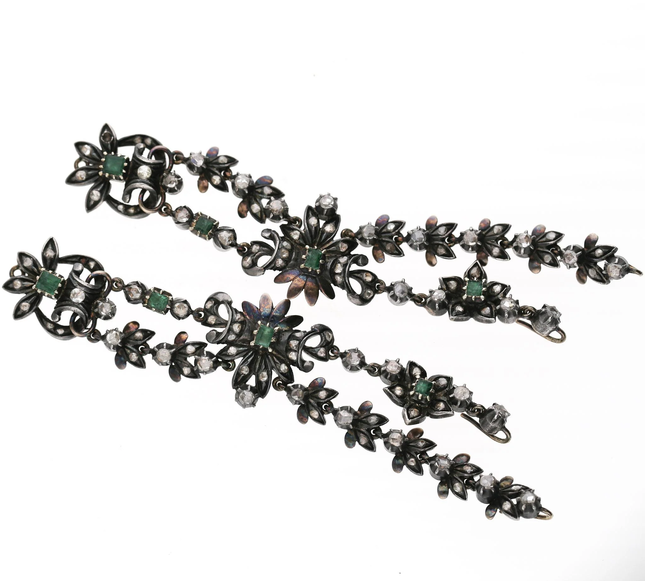 Antique Victorian Emerald Rose Cut Diamond Silver/Gold Parure Suite Necklace - Image 10