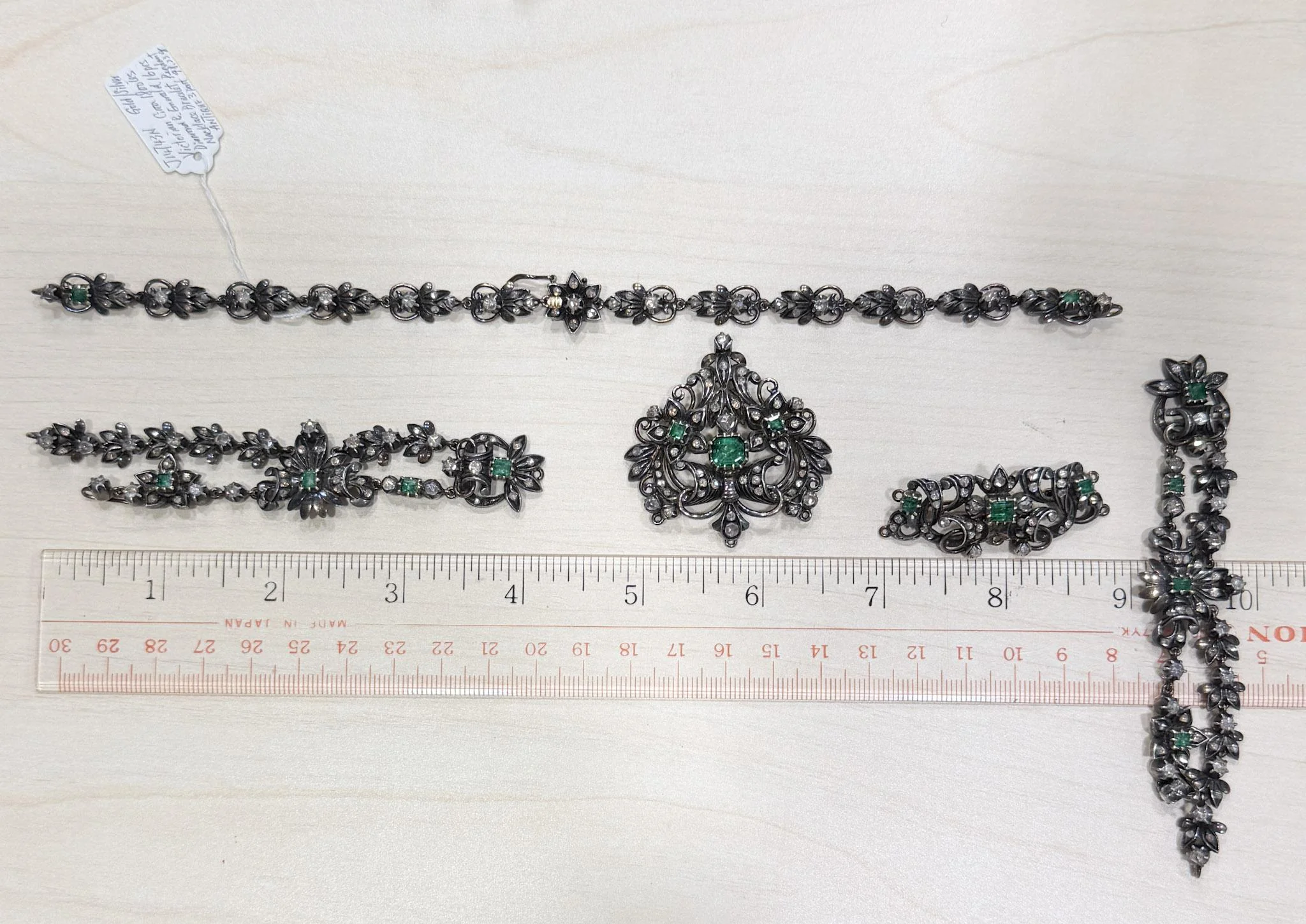 Antique Victorian Emerald Rose Cut Diamond Silver/Gold Parure Suite Necklace - Image 15