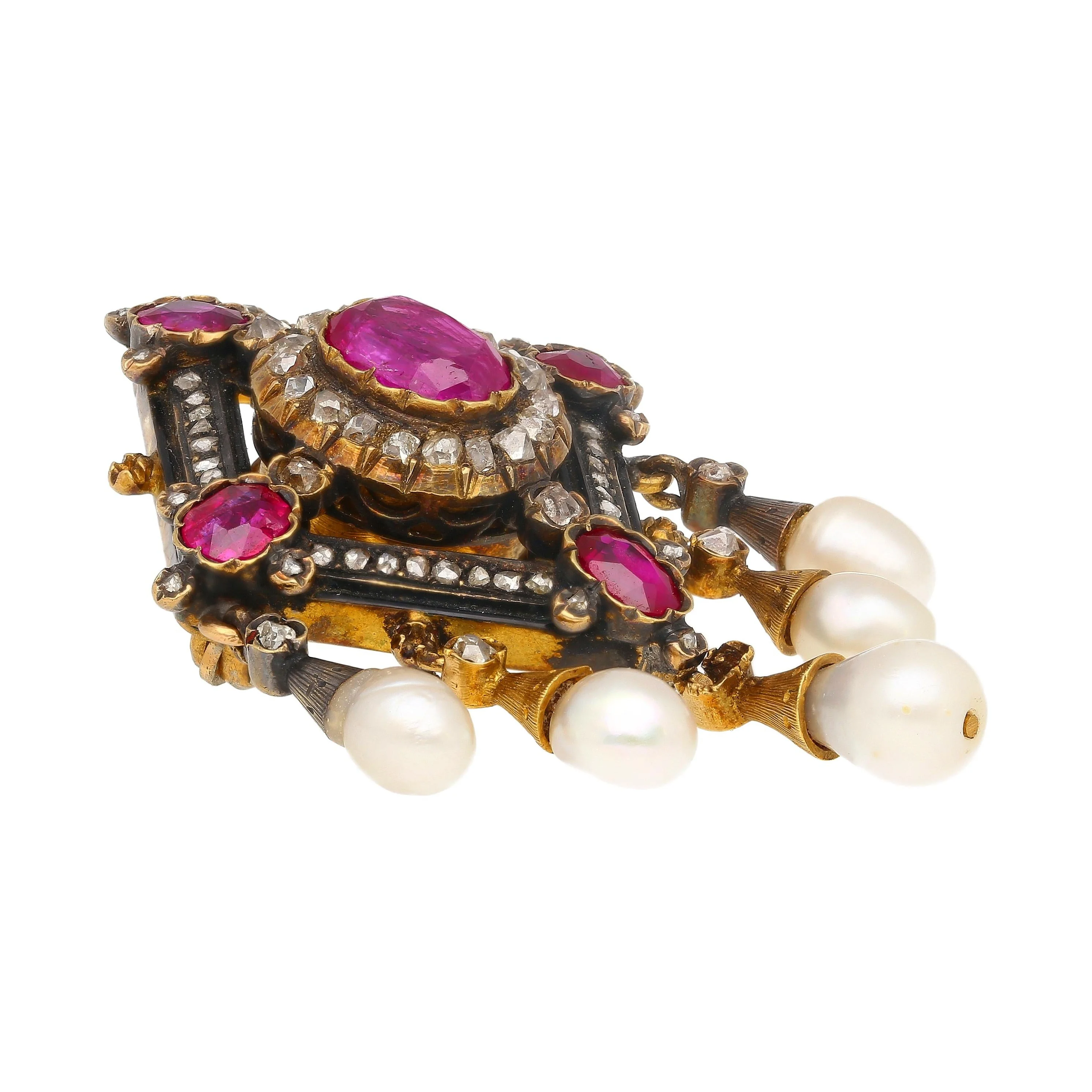 Antique Victorian Ruby, Pearl, Diamond Gold/Silver Brooch - Image 2