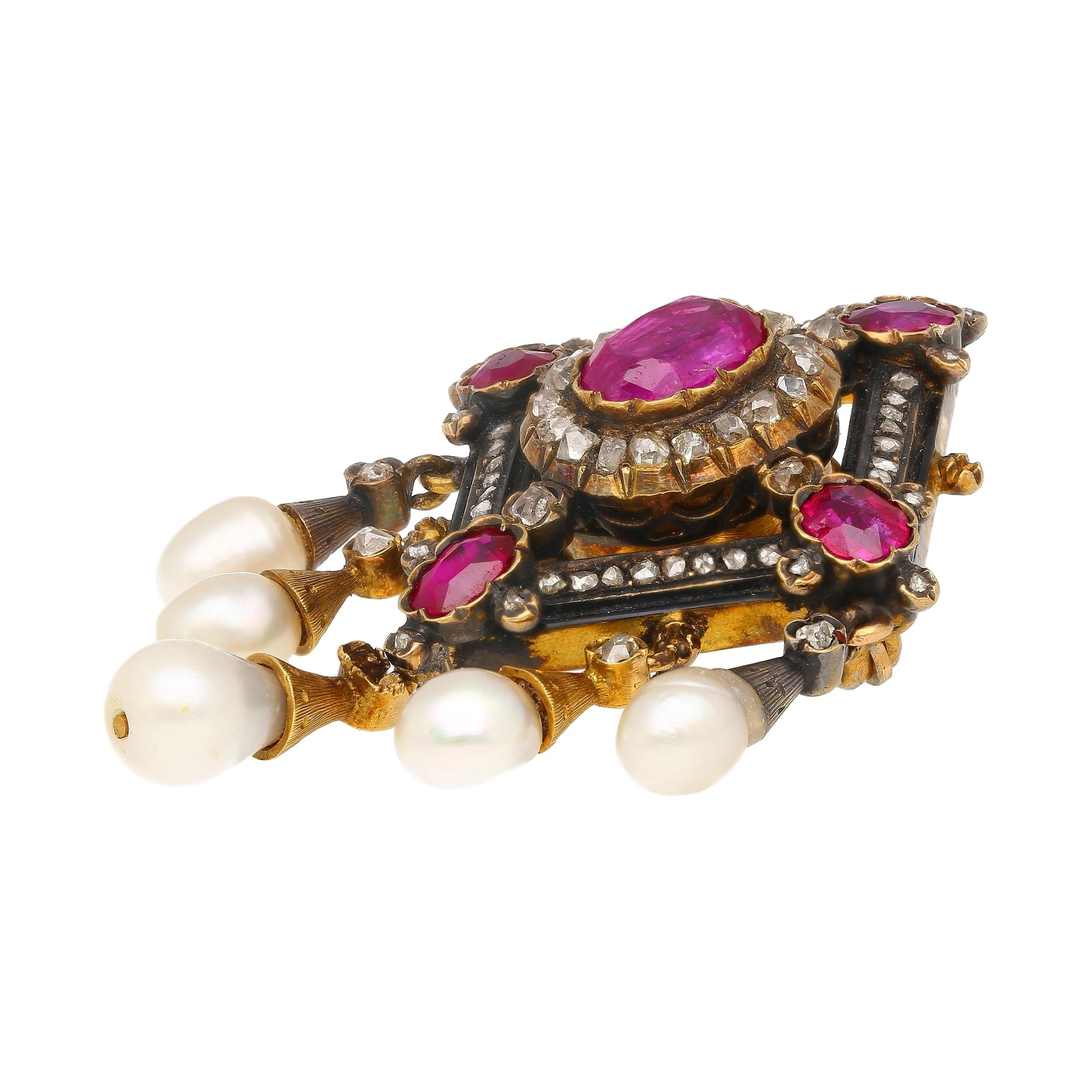 Antique Victorian Ruby, Pearl, Diamond Gold/Silver Brooch - Image 8