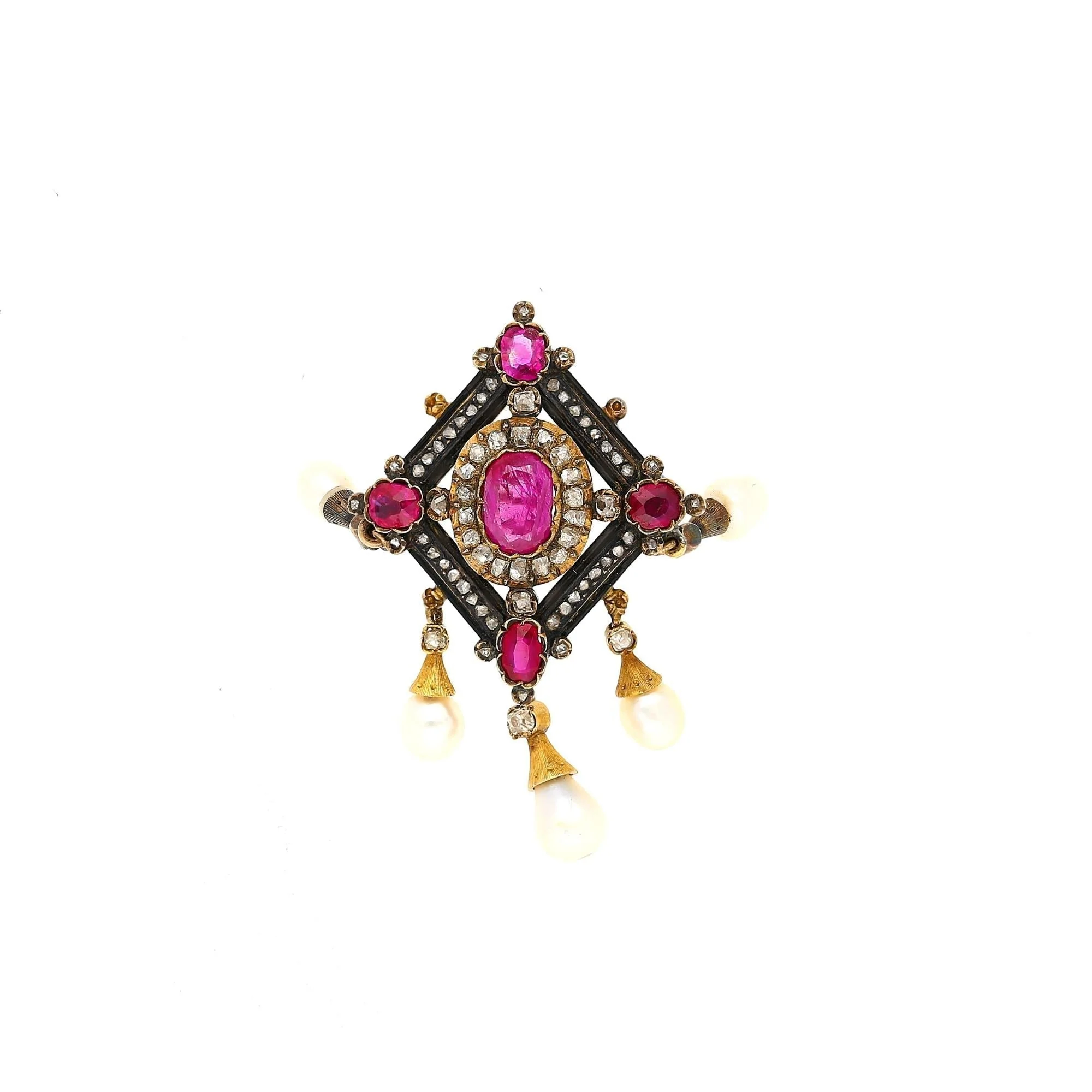 Antique Victorian Ruby, Pearl, Diamond Gold/Silver Brooch - Image 9