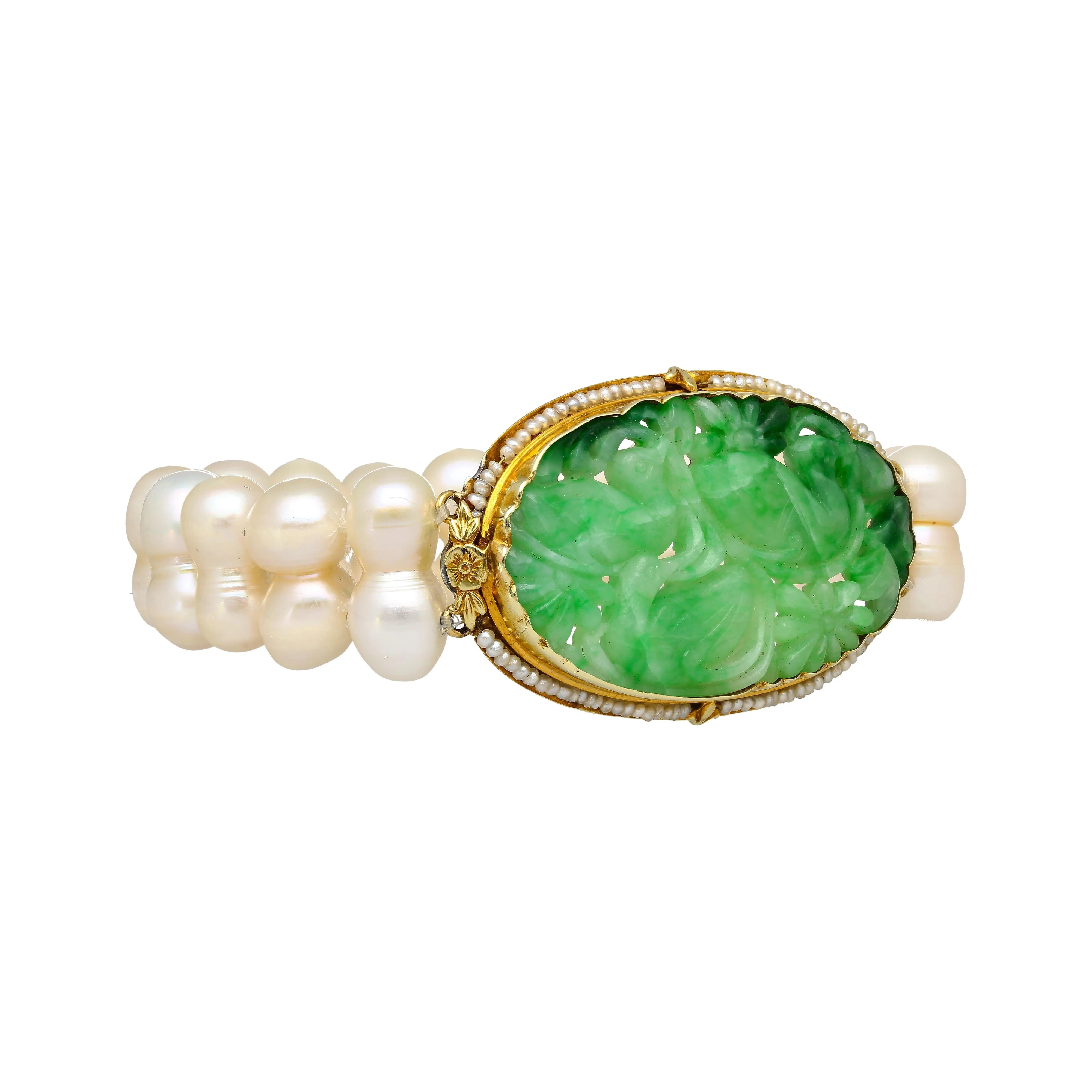 Antique Yellow Gold with Carved Jade and Pearl Pin Bracelet - Image 2