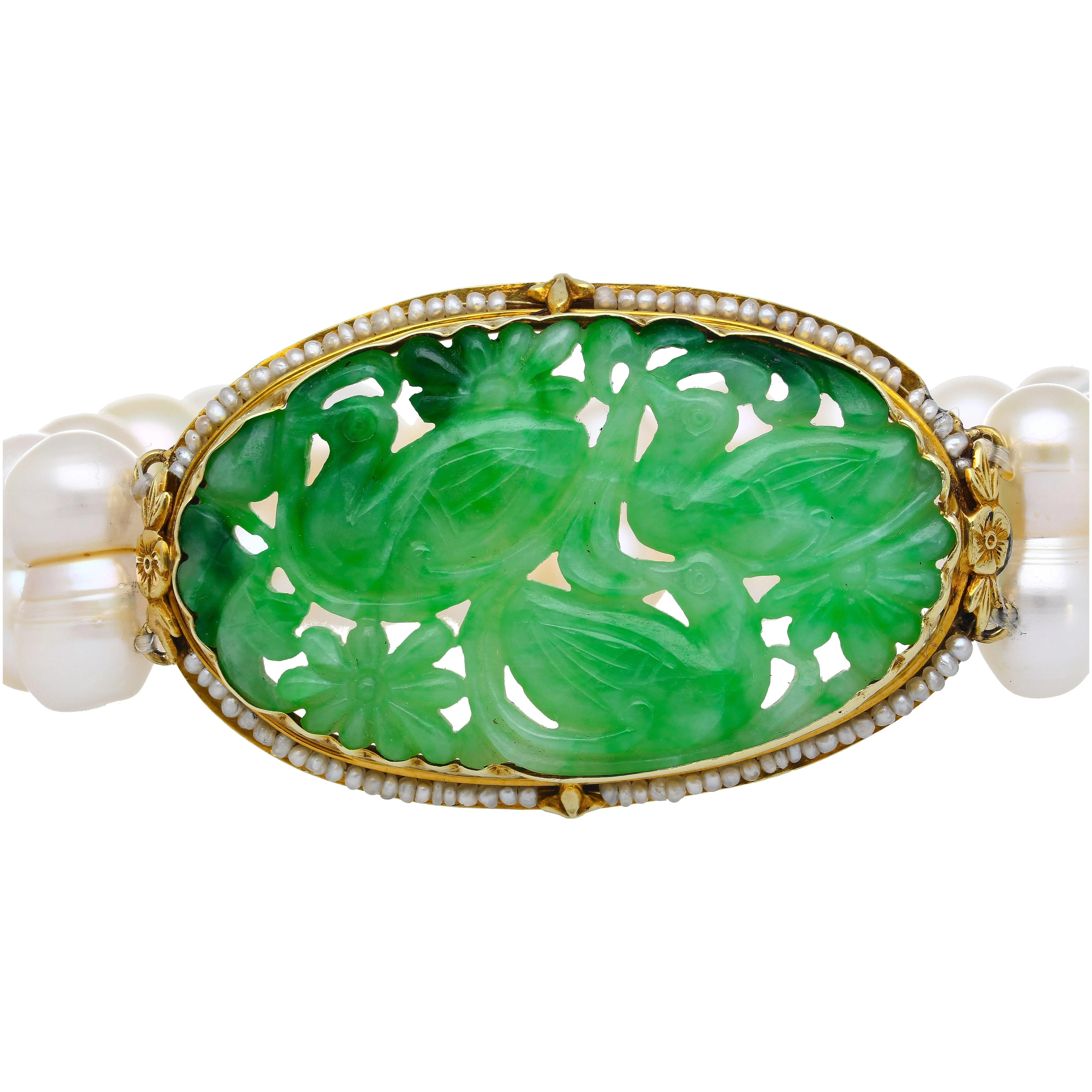 Antique Yellow Gold with Carved Jade and Pearl Pin Bracelet - Image 3