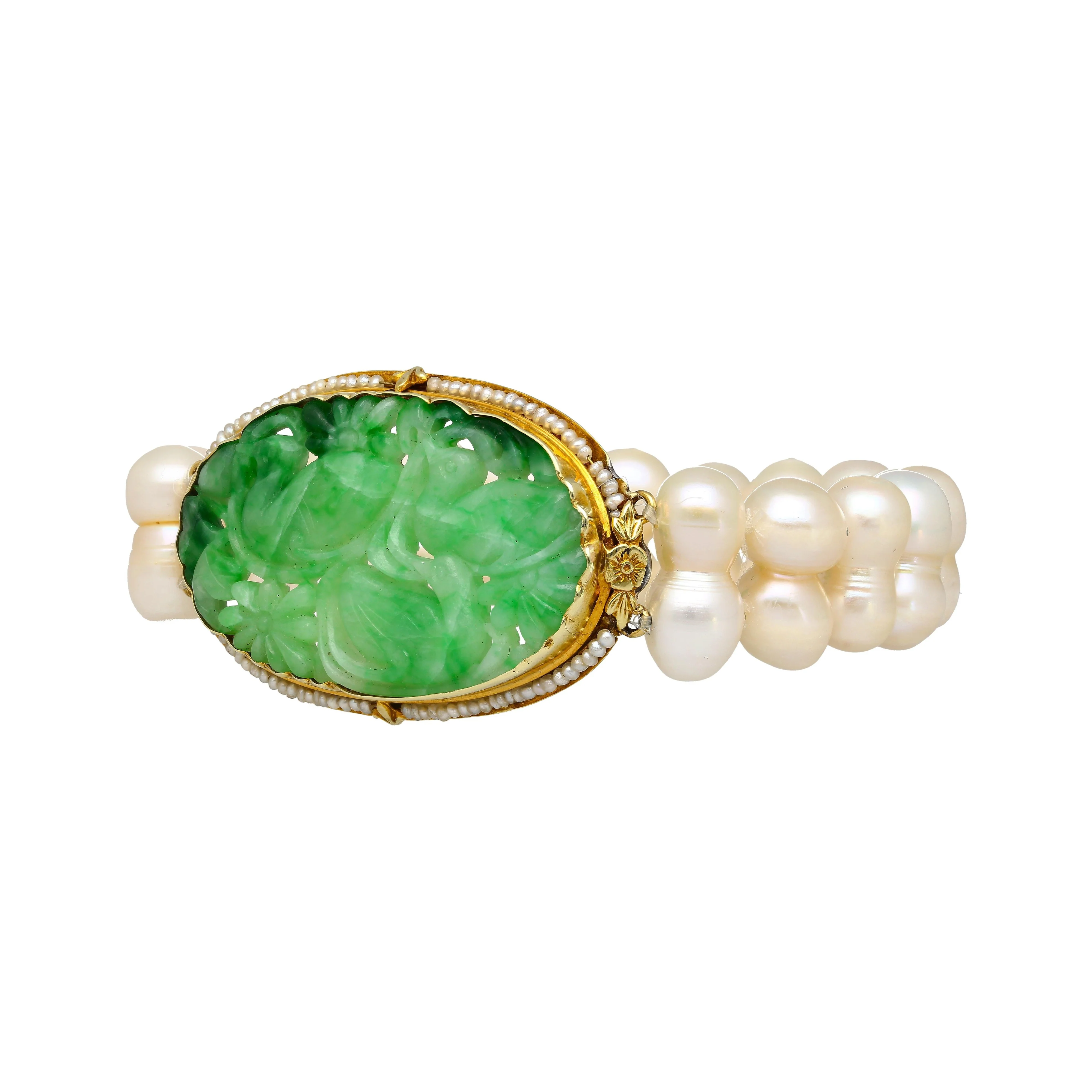 Antique Yellow Gold with Carved Jade and Pearl Pin Bracelet - Image 4