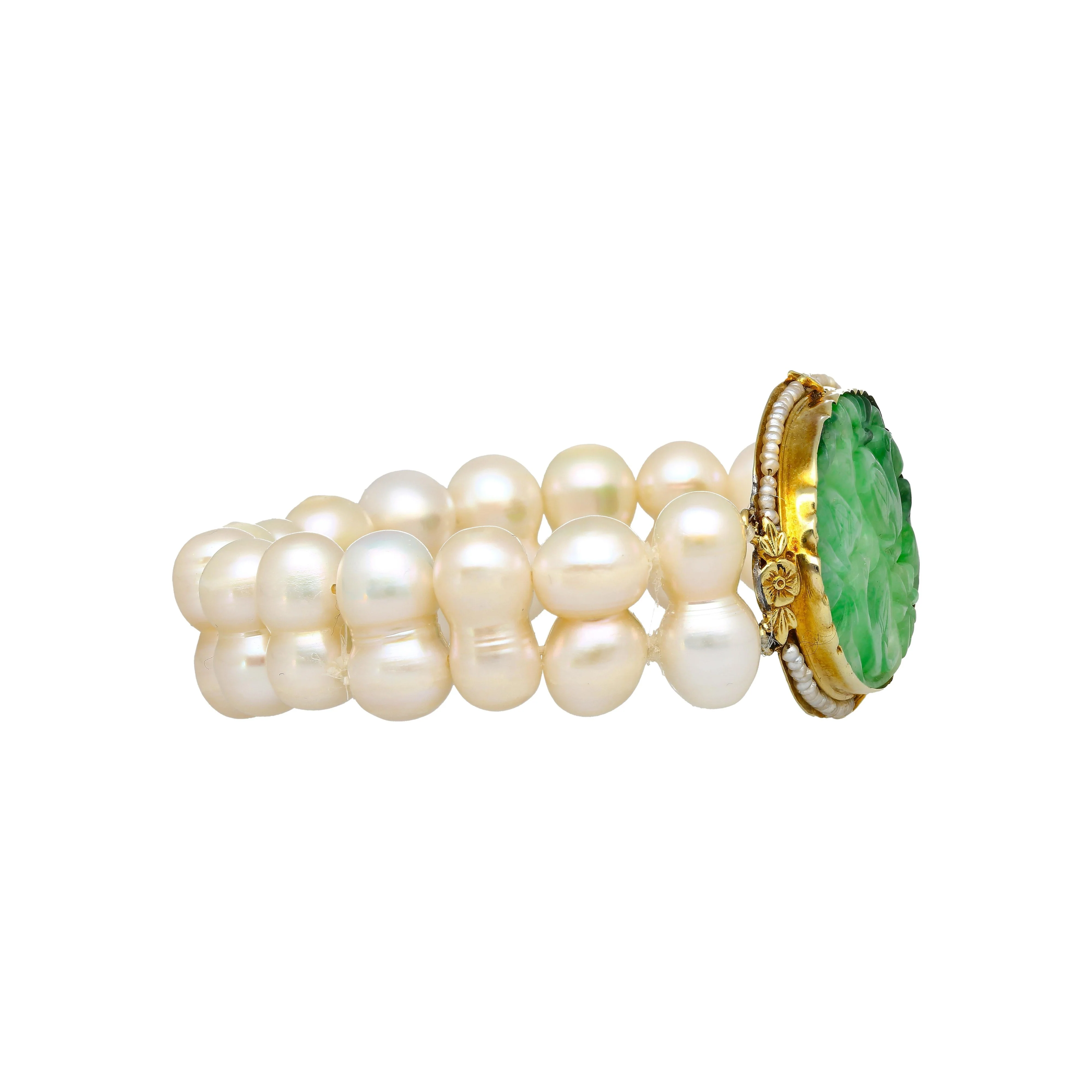 Antique Yellow Gold with Carved Jade and Pearl Pin Bracelet - Image 5