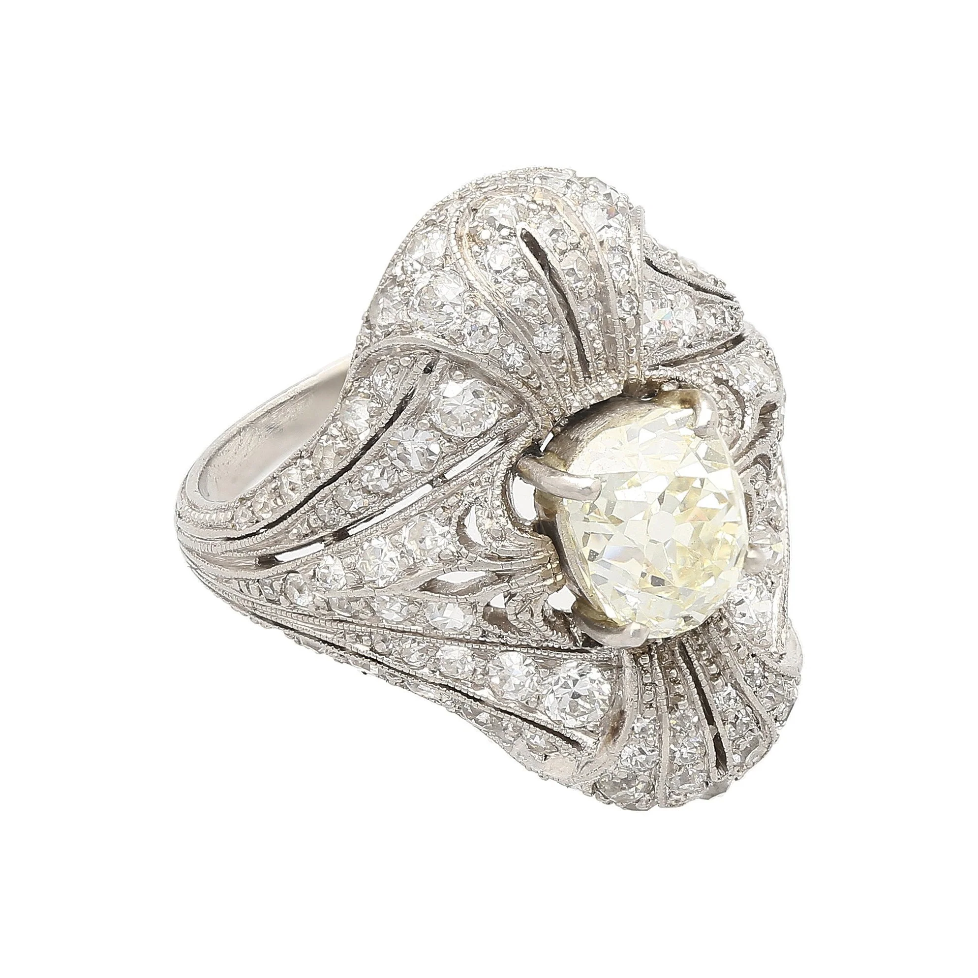 Art Deco 1.55 Carat Old European Cut Diamond Milgrain Filigree Platinum Ring - Image 7