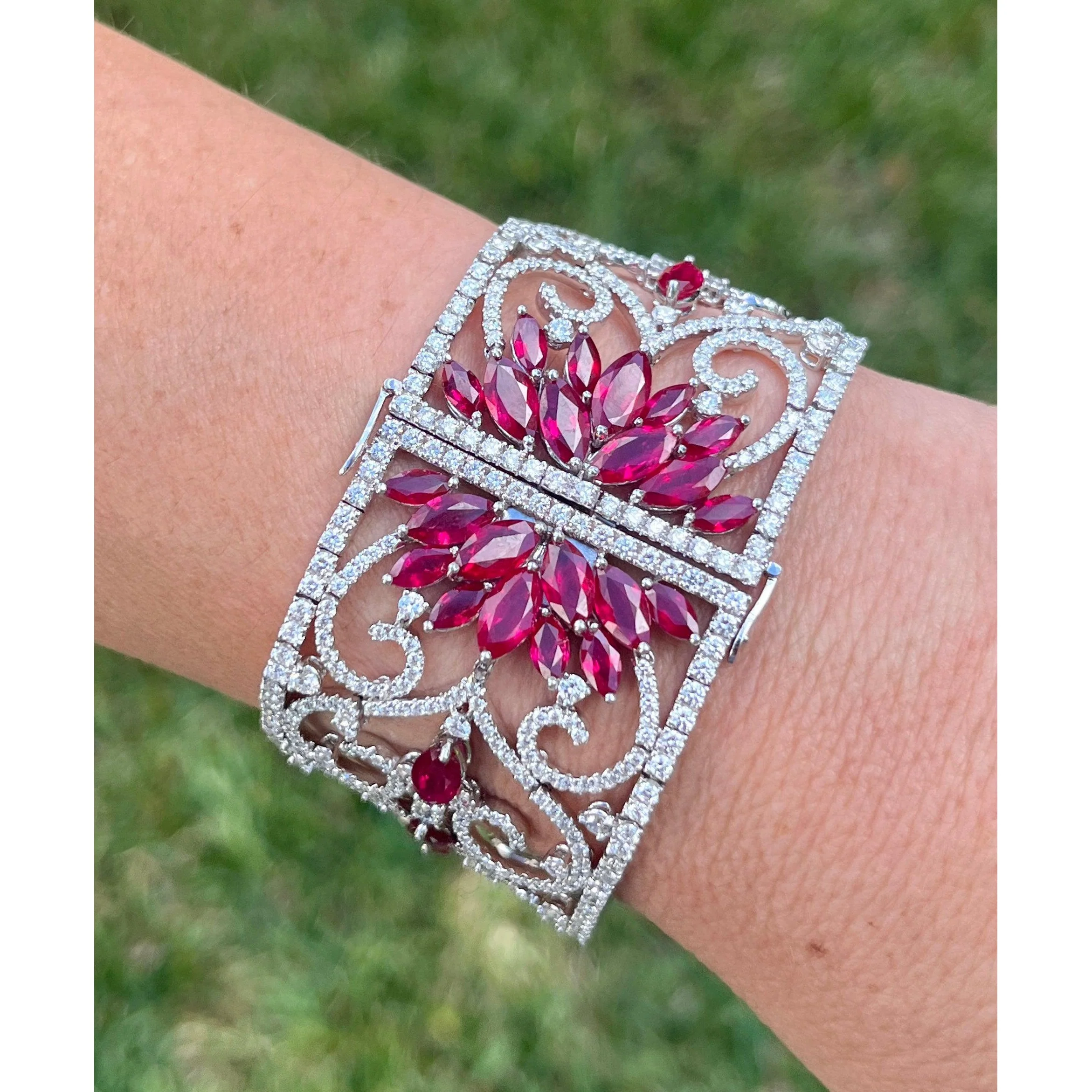 Art Deco 35 Carat Ruby & 11 Carat Diamond Filigree Floral Motif Bracelet in 18K White Gold - Image 2