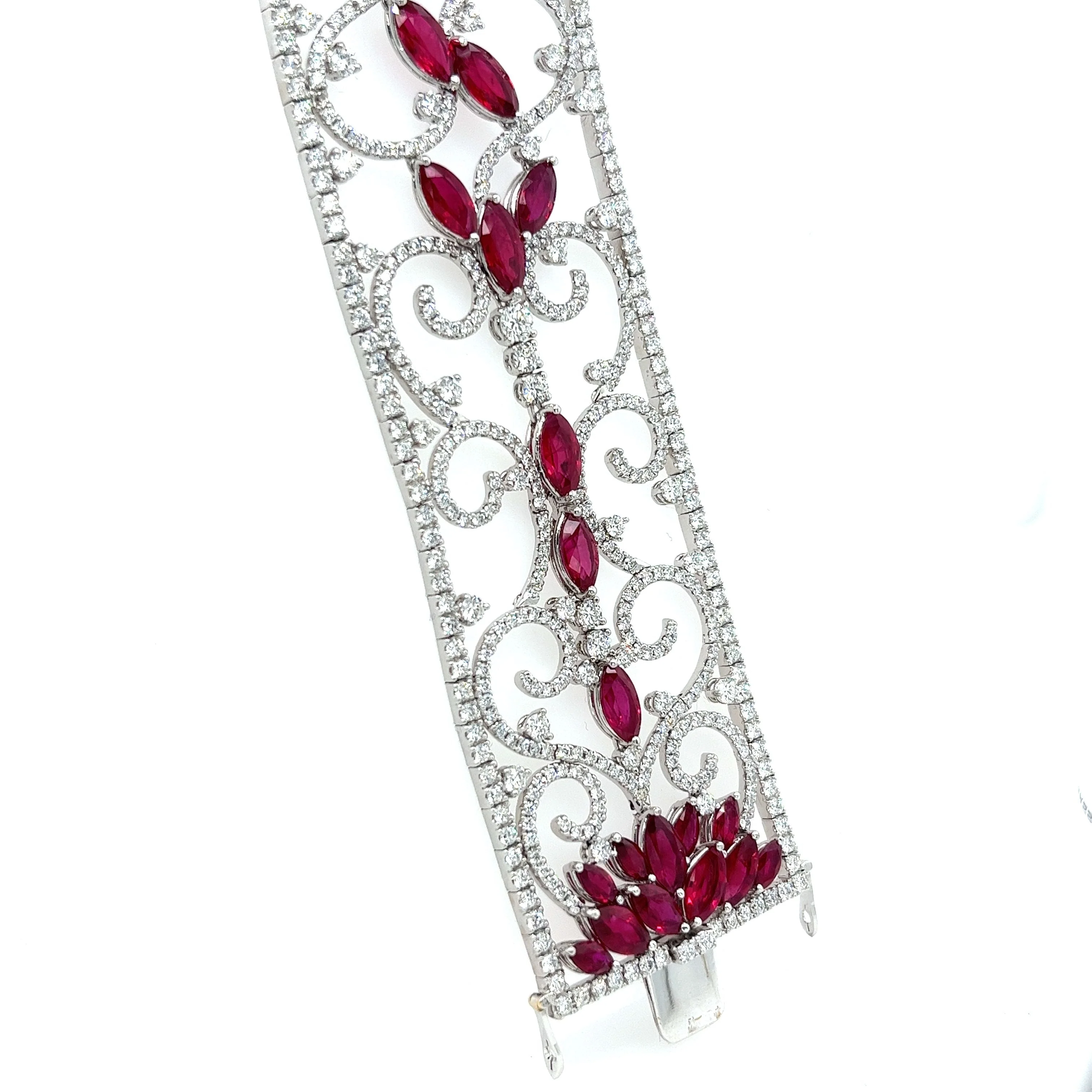Art Deco 35 Carat Ruby & 11 Carat Diamond Filigree Floral Motif Bracelet in 18K White Gold - Image 3