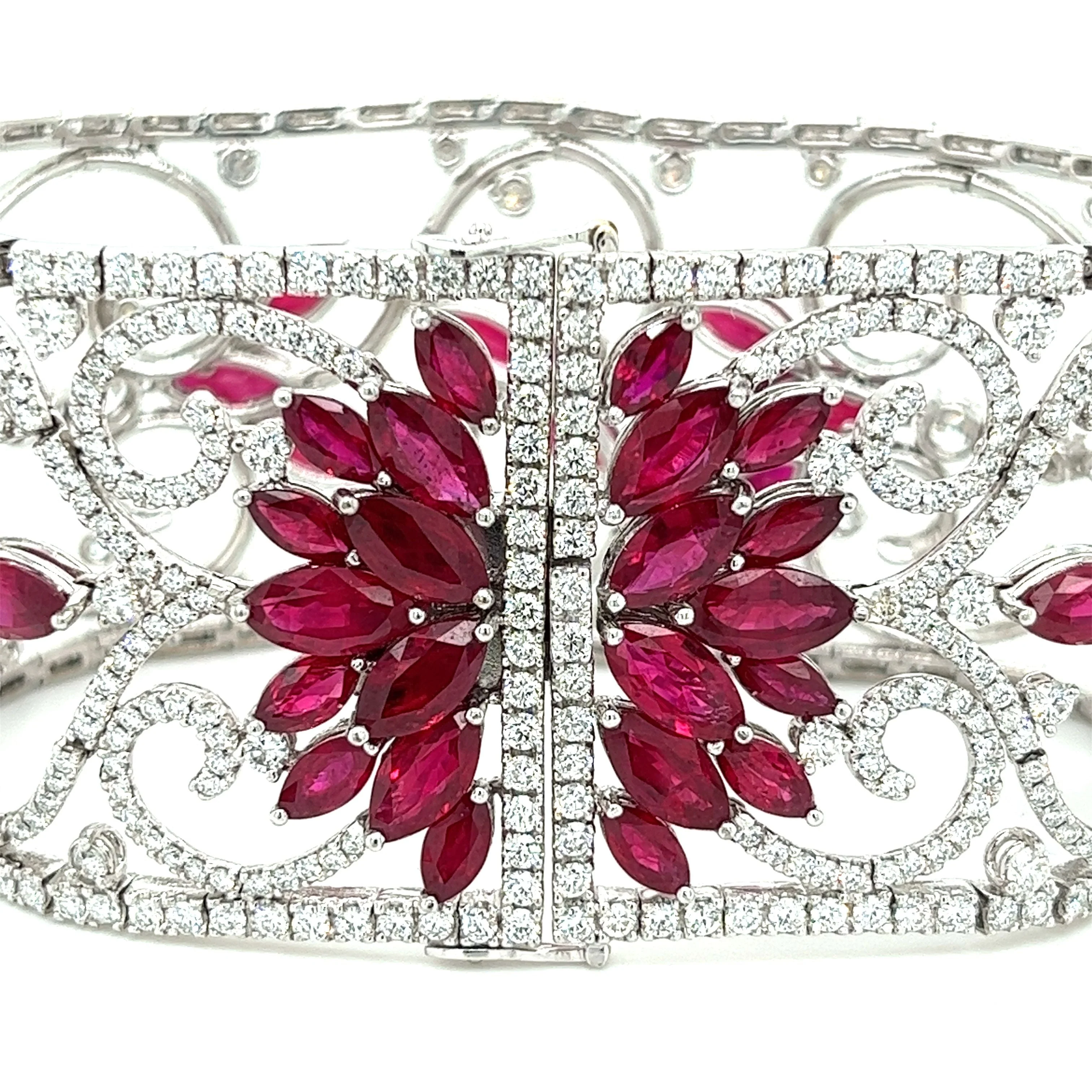 Art Deco 35 Carat Ruby & 11 Carat Diamond Filigree Floral Motif Bracelet in 18K White Gold - Image 4