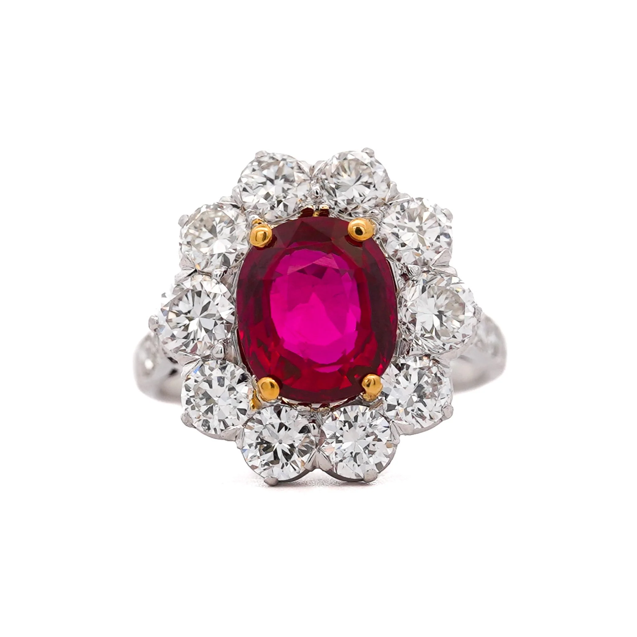 Art Deco 4.05 Carat Ruby and Old Euro Diamond Halo Platinum Ring - AGL Certified