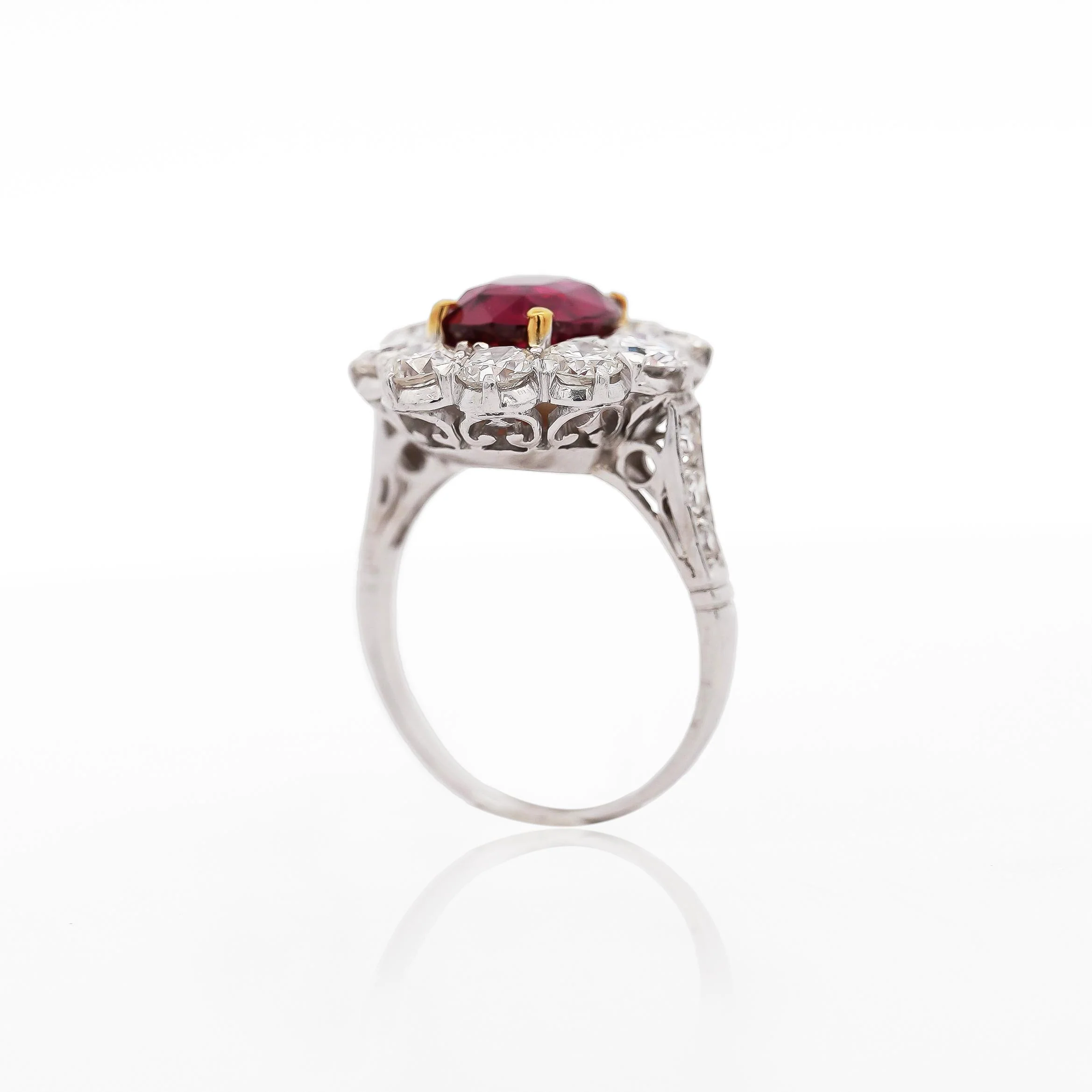 Art Deco 4.05 Carat Ruby and Old Euro Diamond Halo Platinum Ring - AGL Certified - Image 6