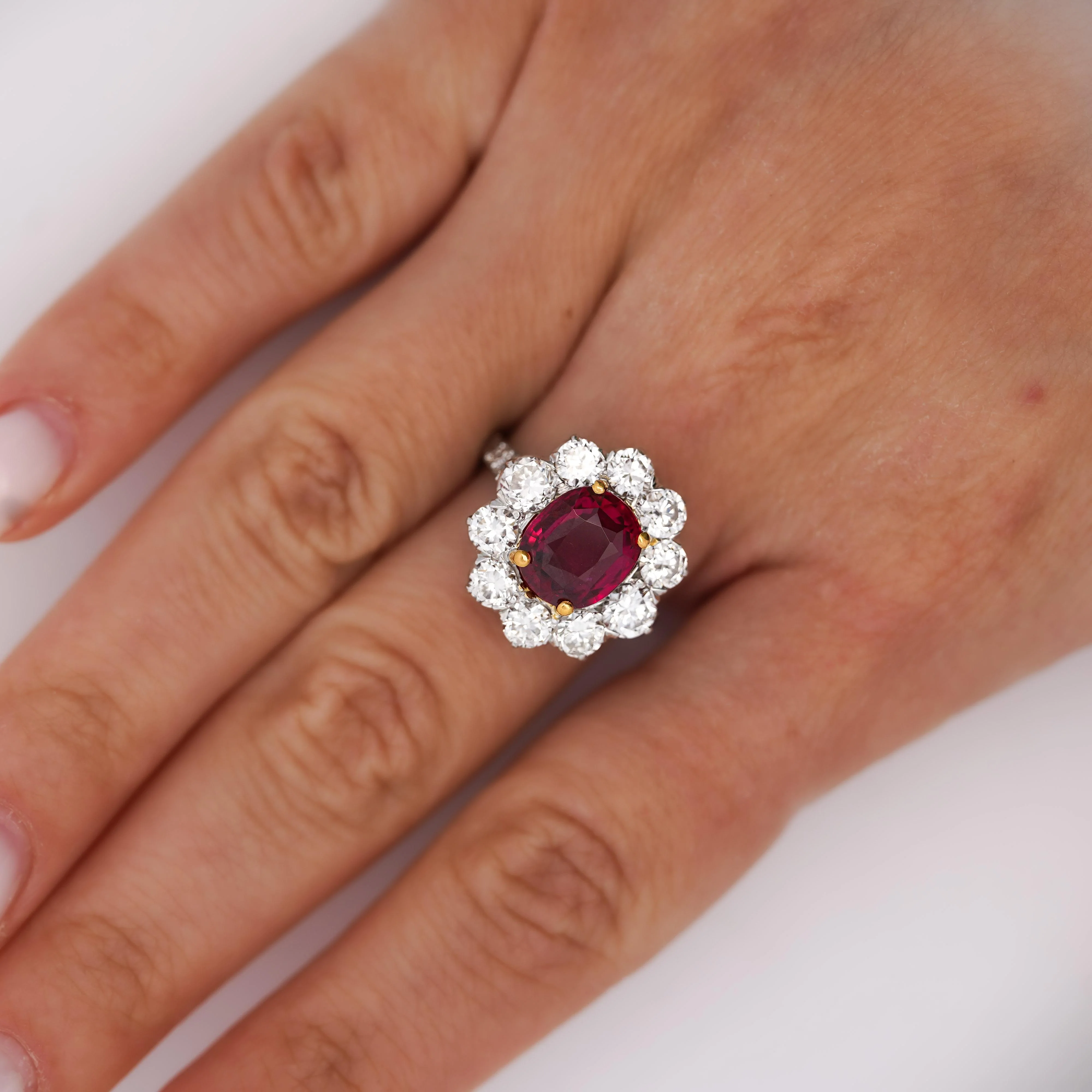 Art Deco 4.05 Carat Ruby and Old Euro Diamond Halo Platinum Ring - AGL Certified - Image 7
