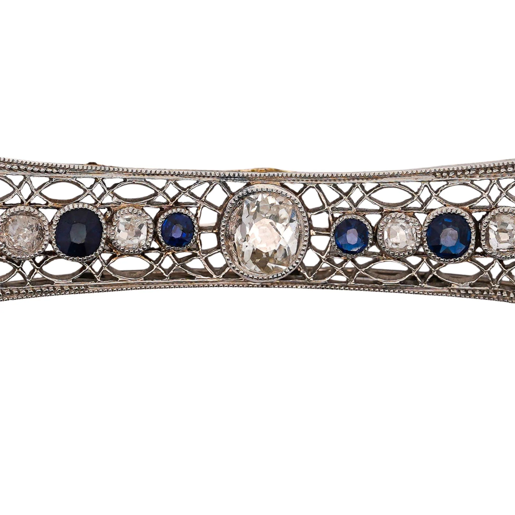 Art Deco 4 Carat Old European Cut Diamond & Sapphire 18K White Gold Pin Brooch - Image 3
