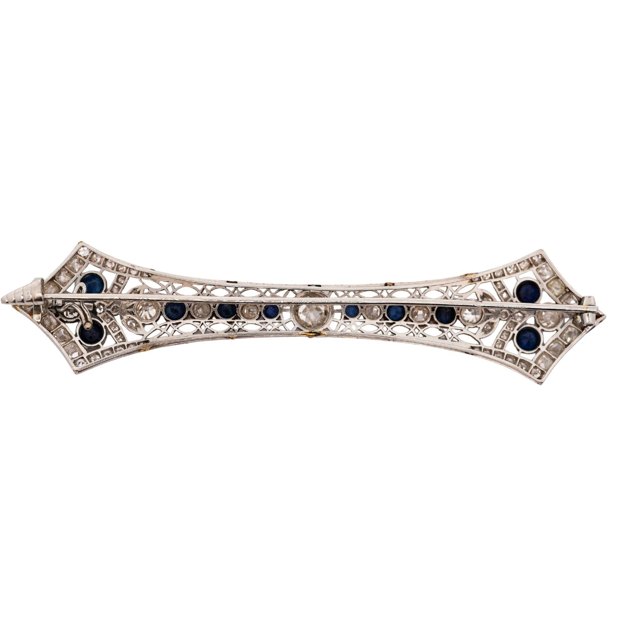 Art Deco 4 Carat Old European Cut Diamond & Sapphire 18K White Gold Pin Brooch - Image 4