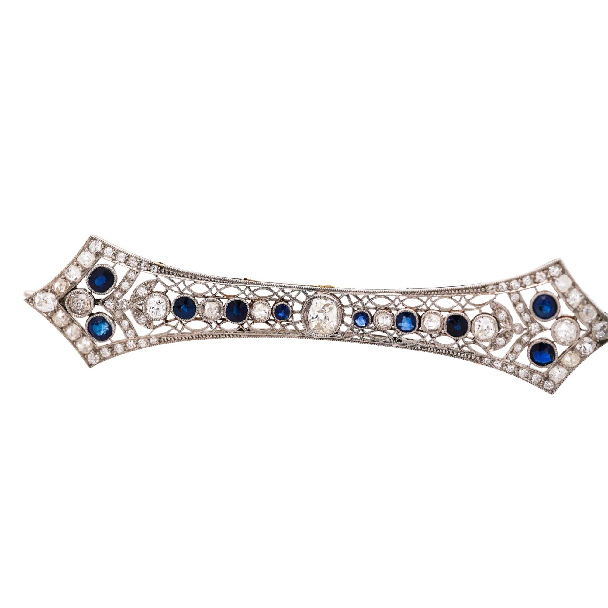 Art Deco 4 Carat Old European Cut Diamond & Sapphire 18K White Gold Pin Brooch - Image 5