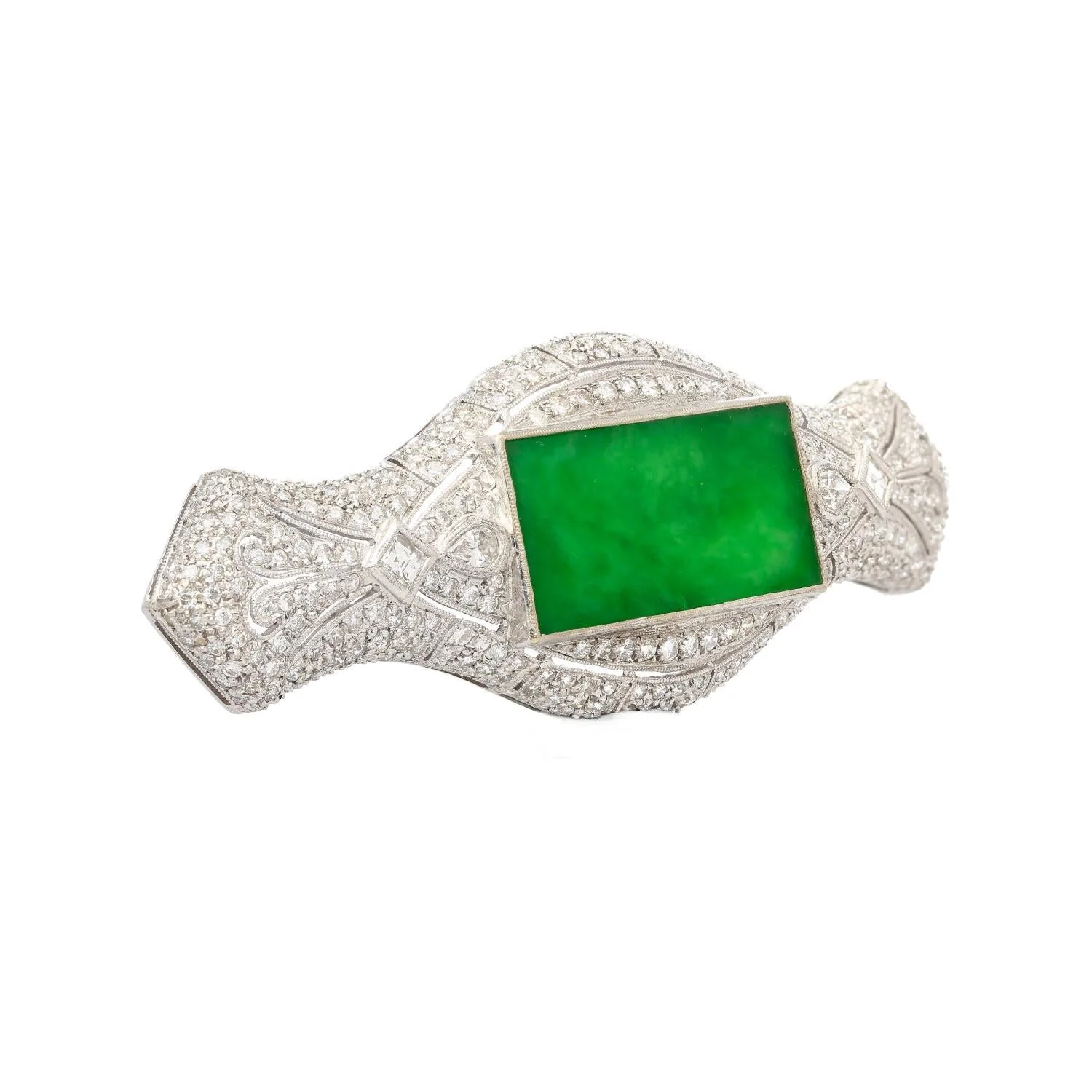 Art Deco Jadeite and Diamond Brooch Pin 18K White Gold - Image 3