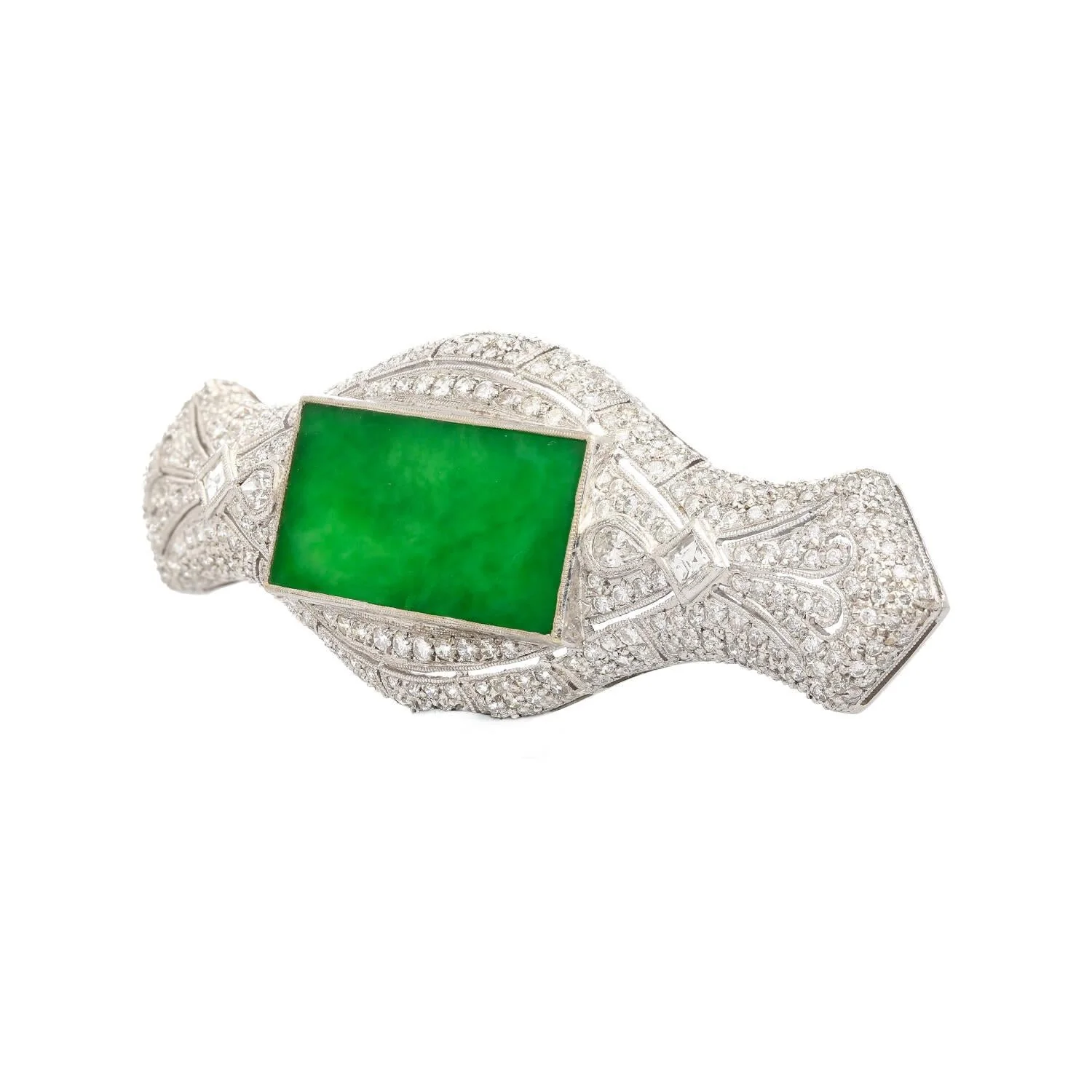 Art Deco Jadeite and Diamond Brooch Pin 18K White Gold - Image 4