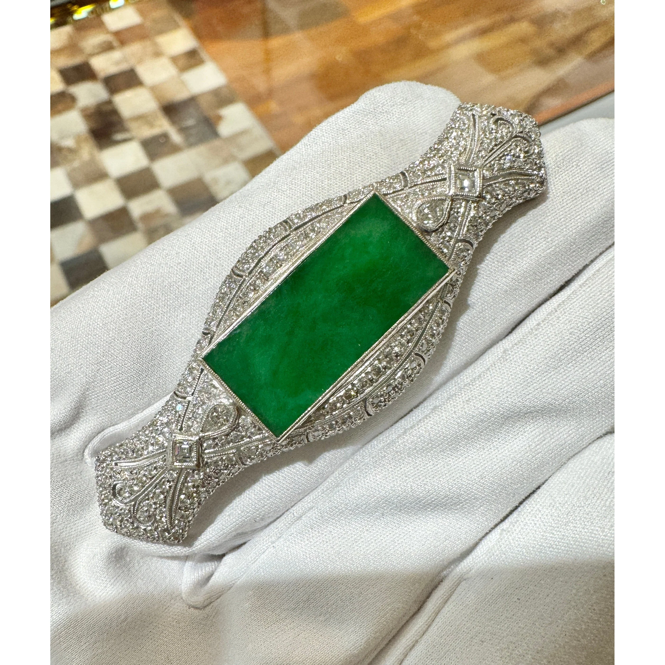 Art Deco Jadeite and Diamond Brooch Pin 18K White Gold - Image 9