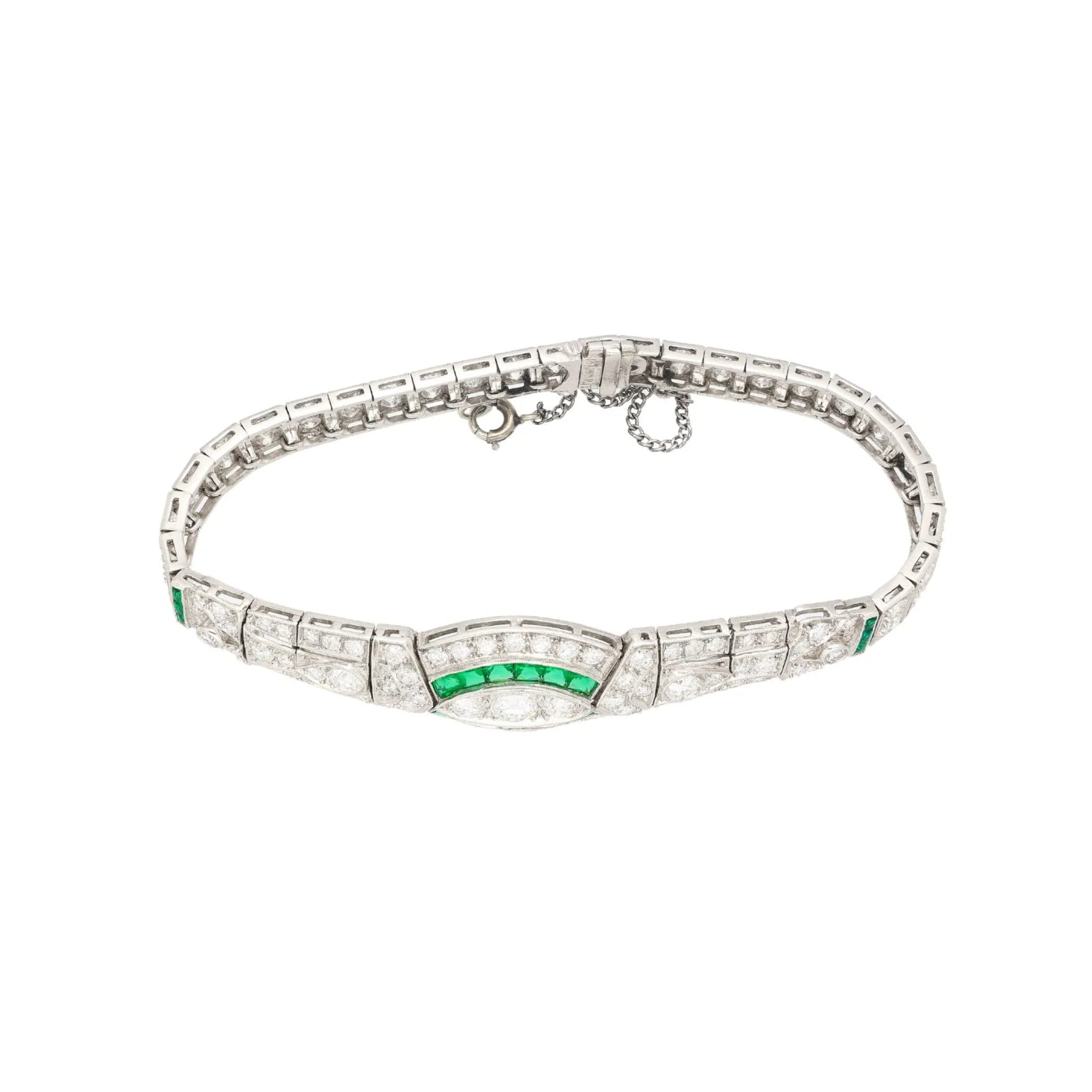 Vintage Art Deco Old Euro Cut Diamond and Emerald Bracelet in Platinum - Image 4