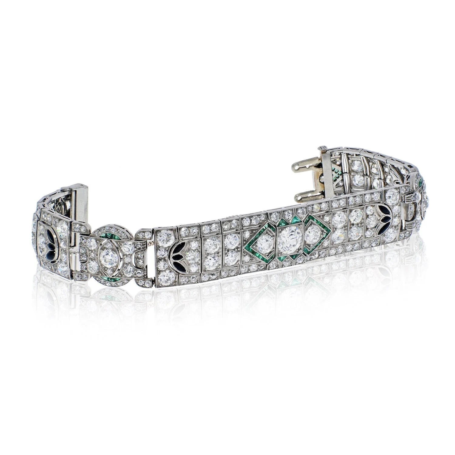 Art Deco Old-European Cut Diamond, Emerald and Onyx Platinum Bracelet - Image 3