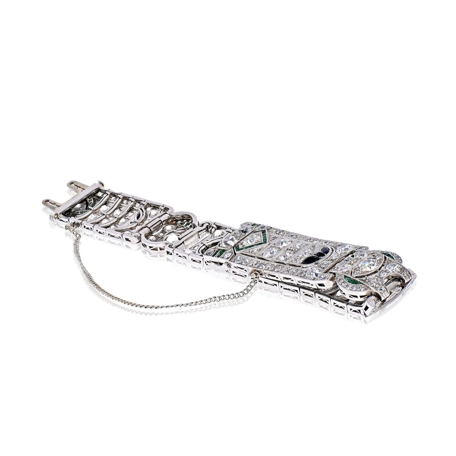 Art Deco Old-European Cut Diamond, Emerald and Onyx Platinum Bracelet - Image 4
