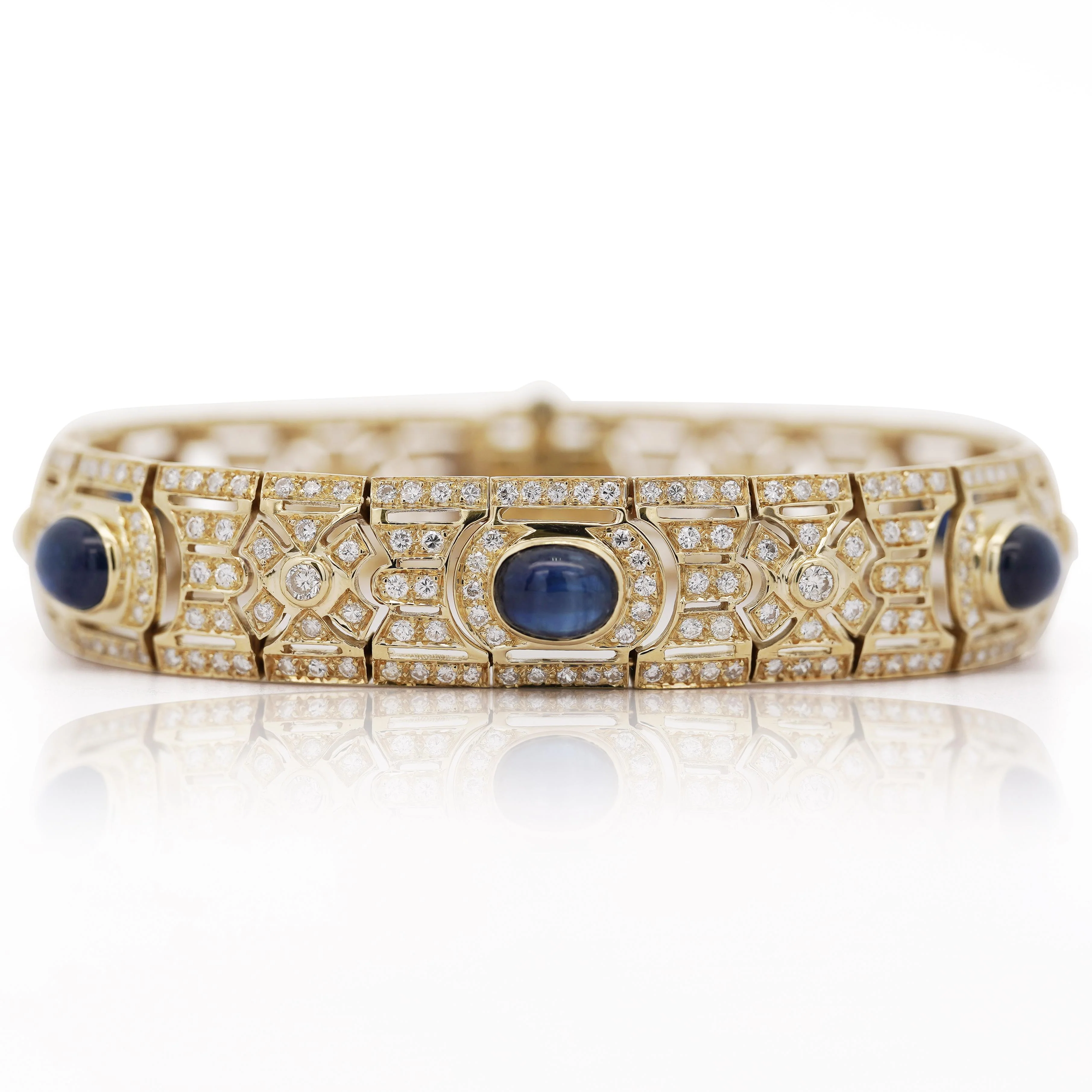 Art Deco Style 12 Carat Cabochon Sapphire & Diamond 18K Gold Bracelet