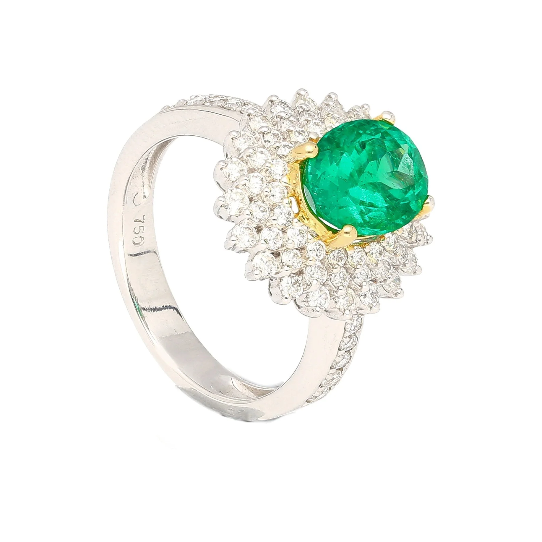 GIA Certified 1.76 carat Minor Oil Oval Colombian Emerald & Diamond Halo Ring in 18K - Image 3