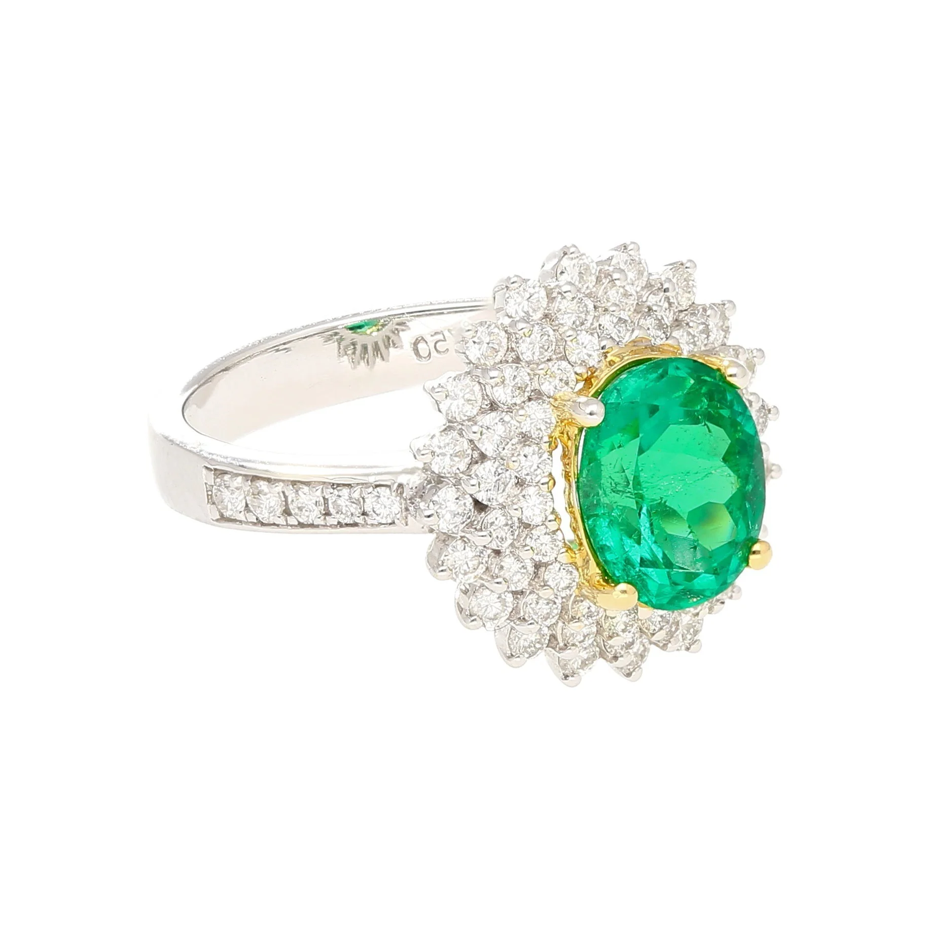 GIA Certified 1.76 carat Minor Oil Oval Colombian Emerald & Diamond Halo Ring in 18K - Image 6