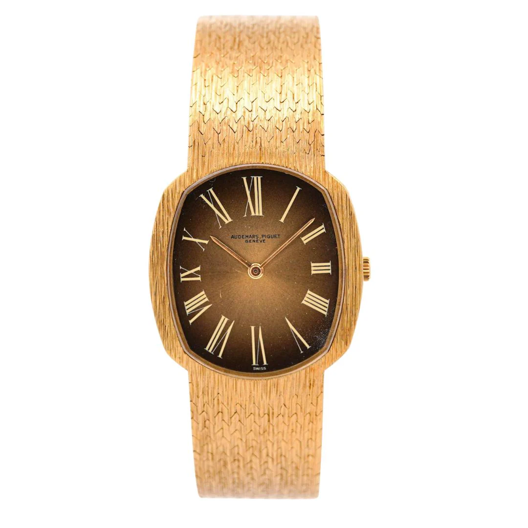 Audemars Piguet 28mm 18K Gold Brown Fumé Sunburst Mesh Bracelet Watch