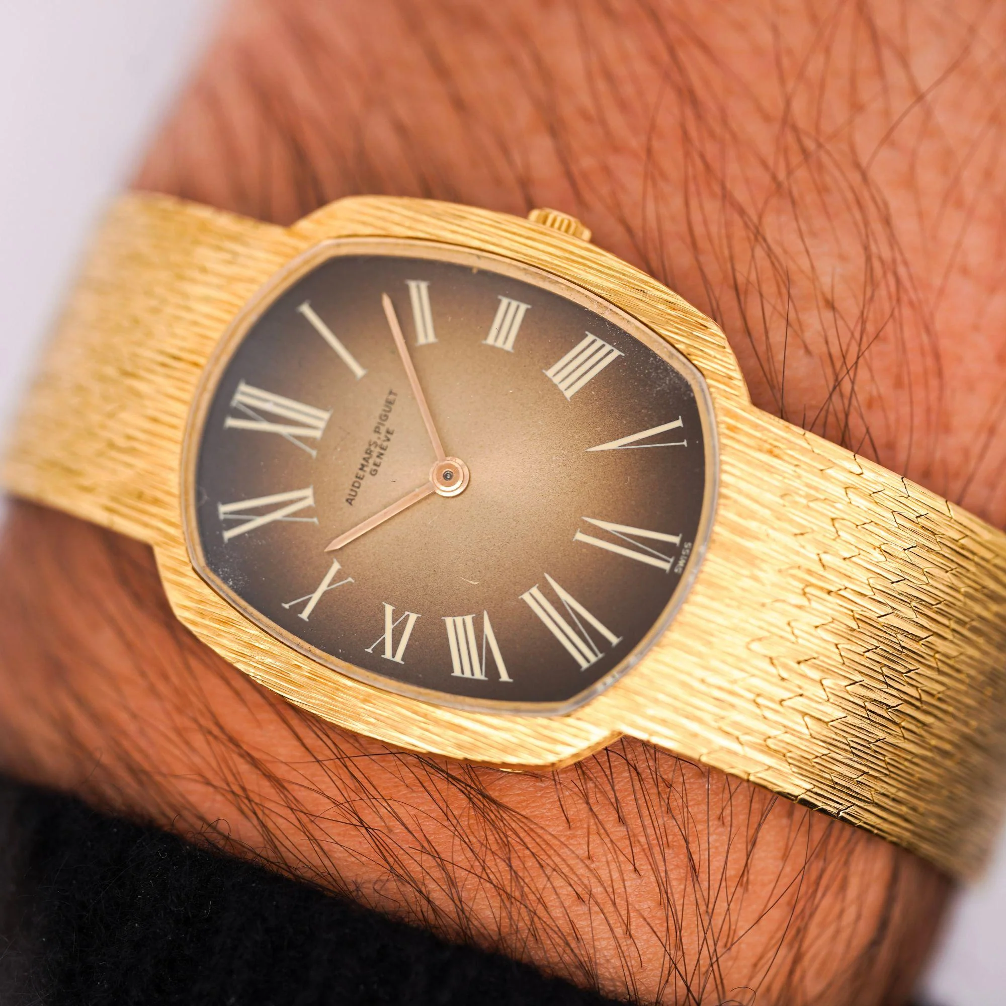 Audemars Piguet 28mm 18K Gold Brown Fumé Sunburst Mesh Bracelet Watch - Image 5
