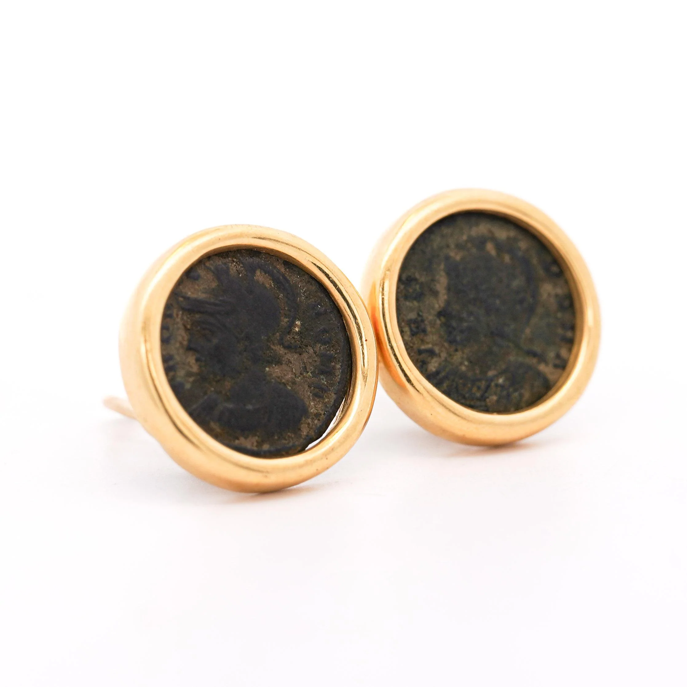 Authentic Roman Coin 14K Gold Bezel Set Stud Earrings With Lever Backs - Image 3