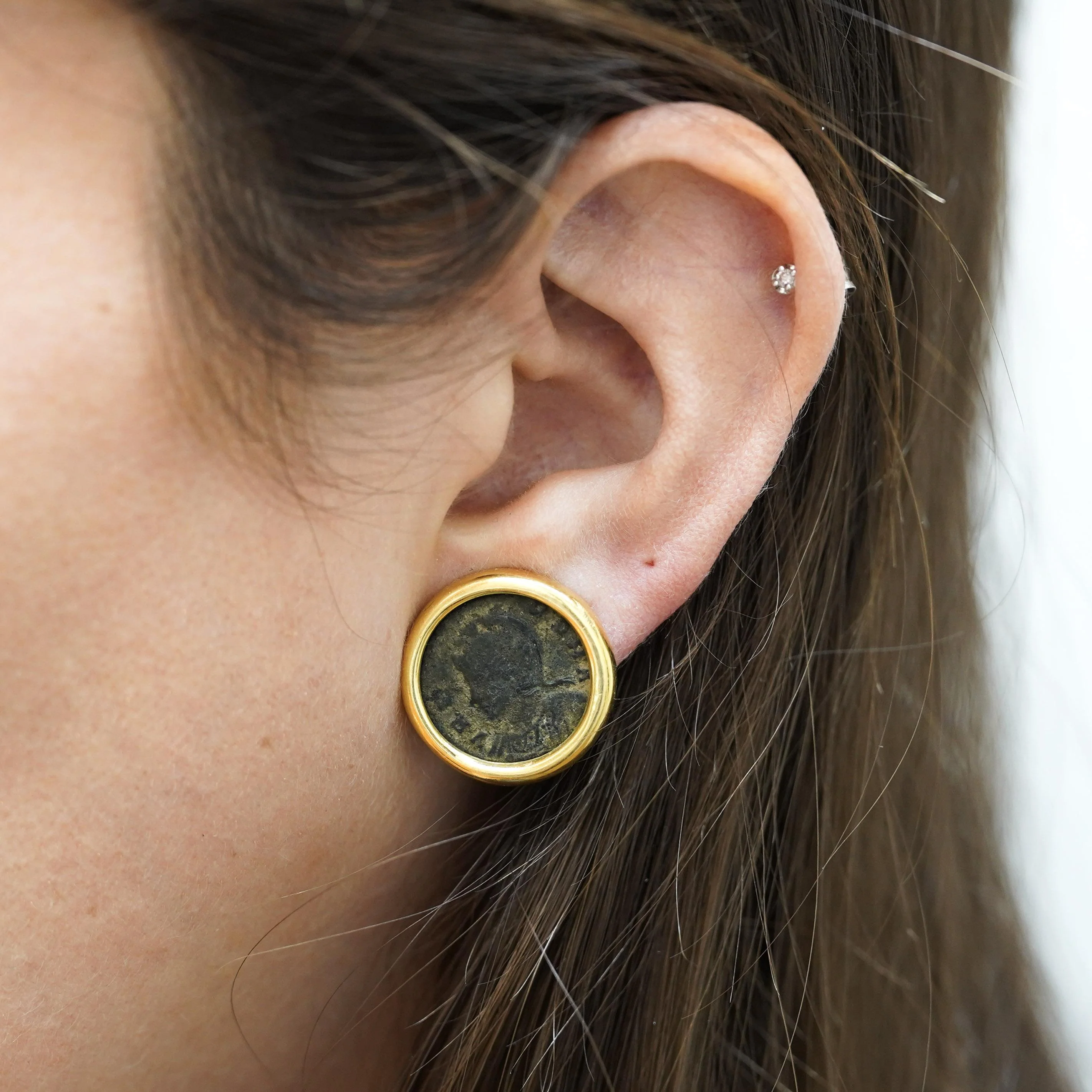 Authentic Roman Coin 14K Gold Bezel Set Stud Earrings With Lever Backs - Image 8