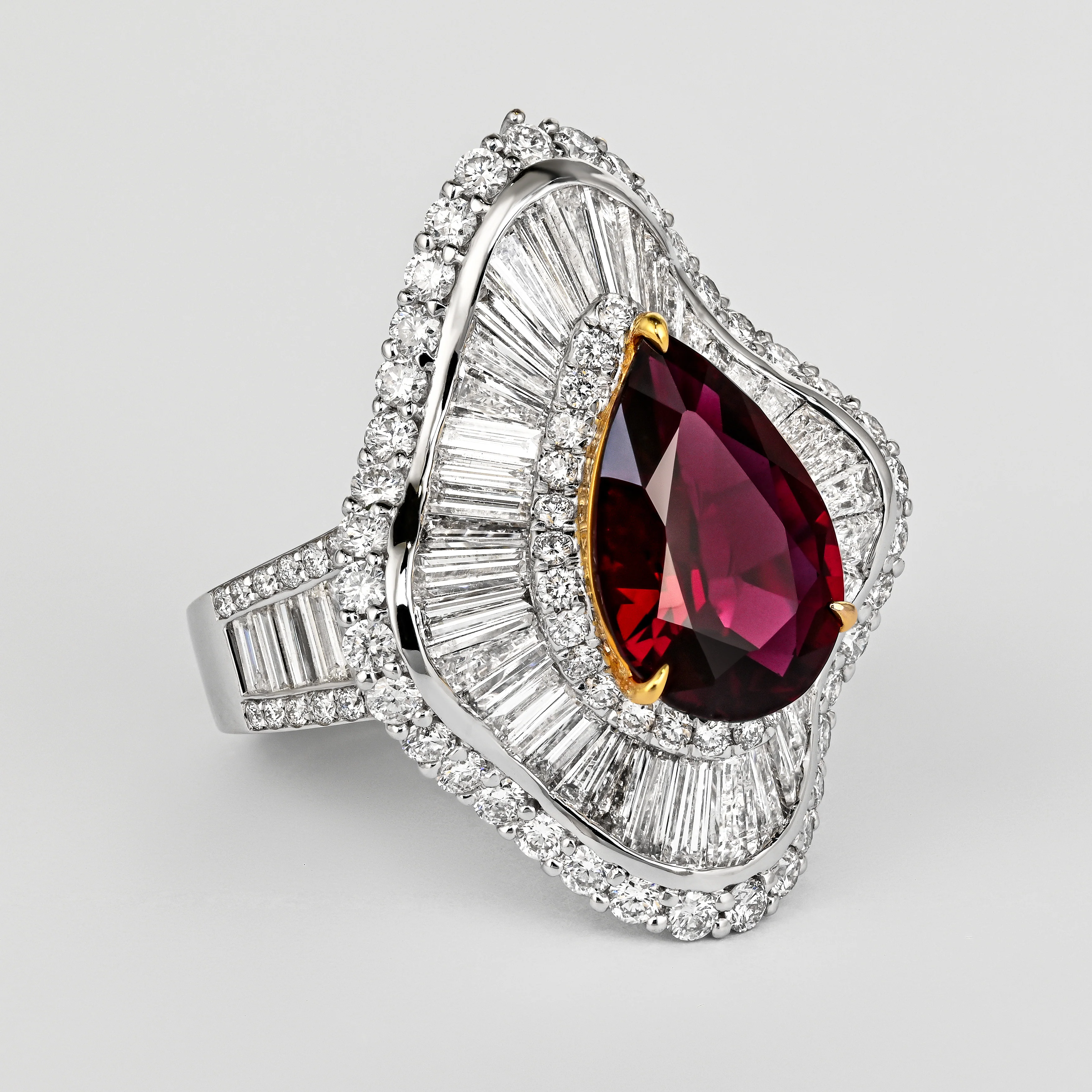 5.3 Carat Pear Cut Ruby & Baguette Diamond Ballerina White Gold Ring - Image 4