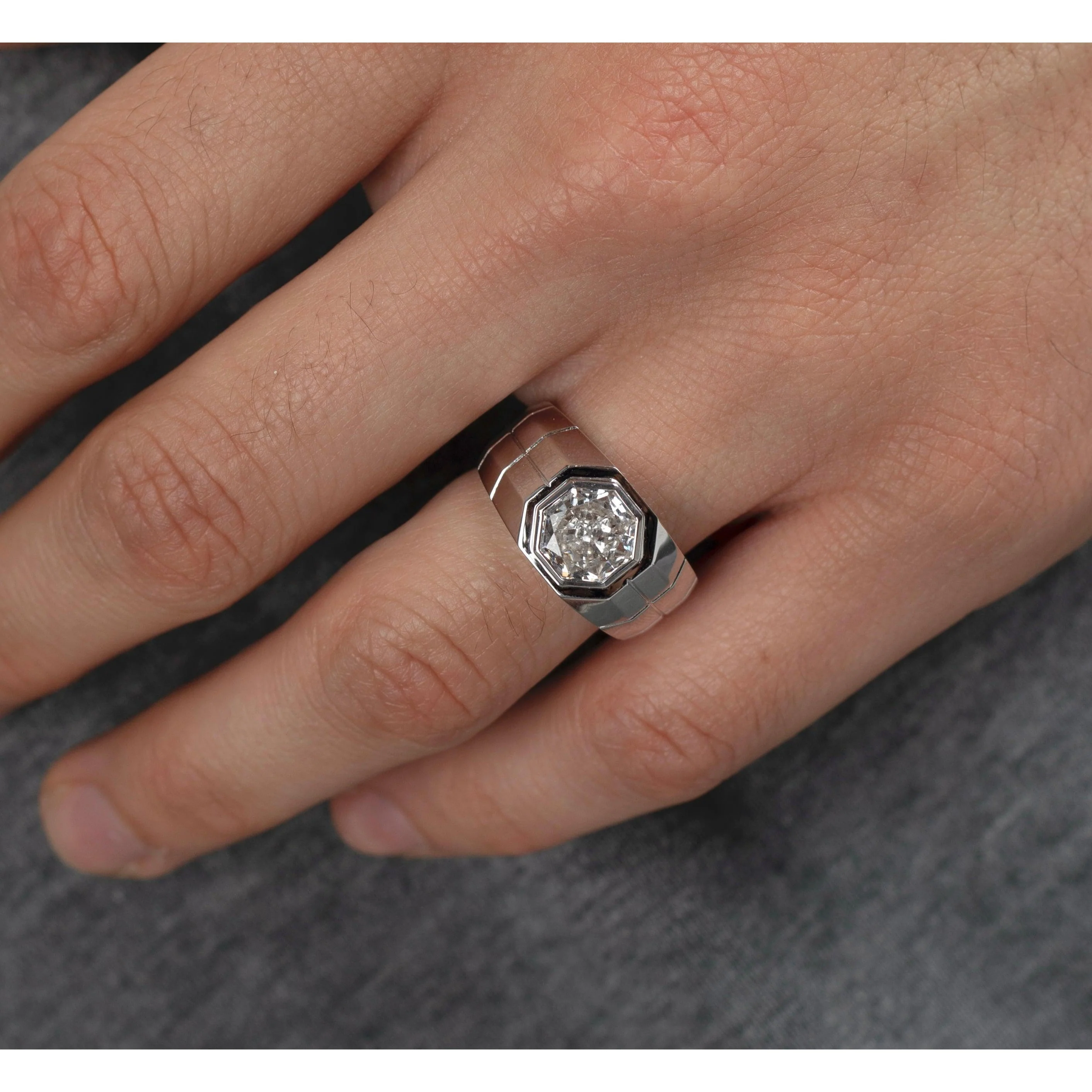 Bezel Set Solitaire 3 Carat Octagon CVD Lab Grown Diamond Mens Ring In Platinum - Image 2