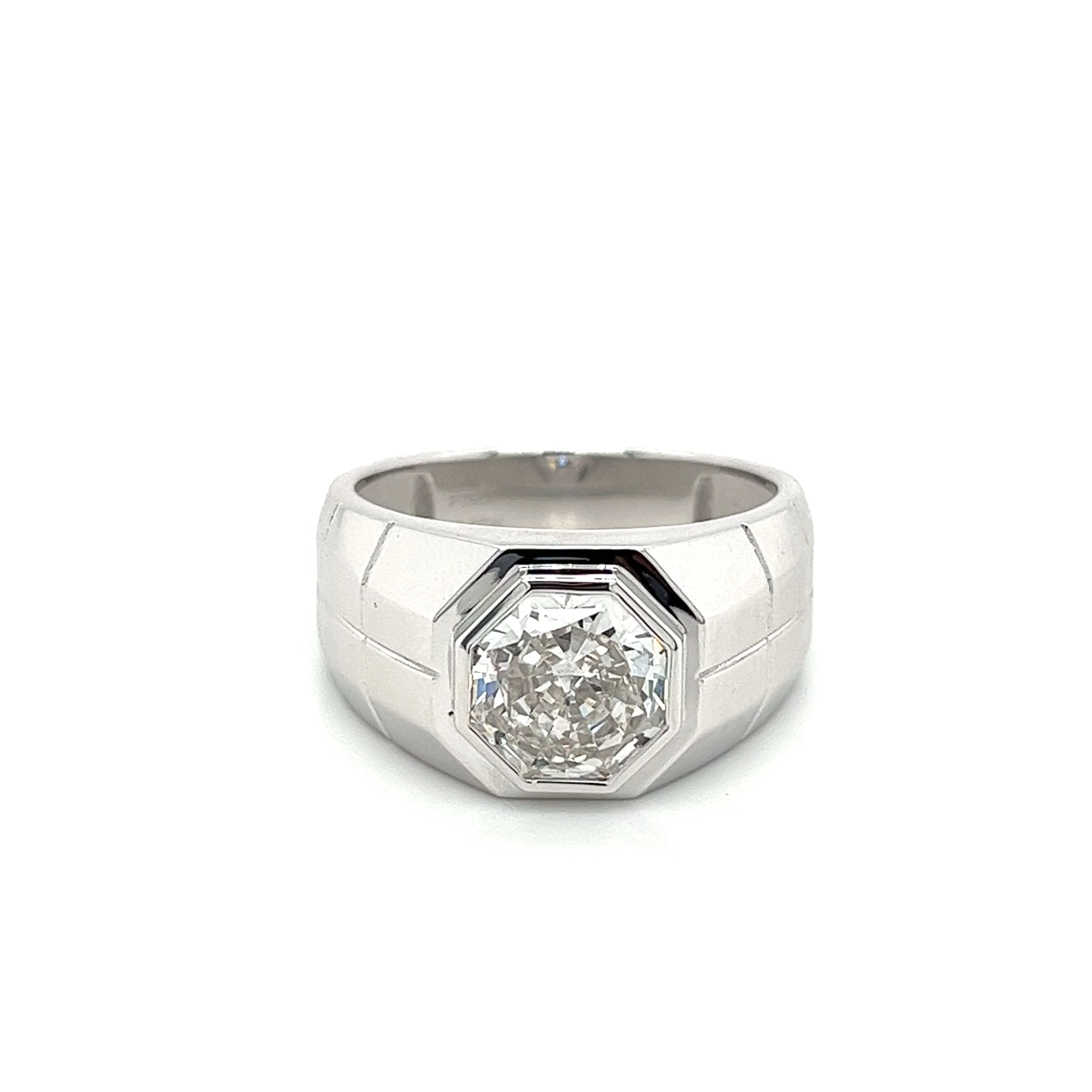 Bezel Set Solitaire 3 Carat Octagon CVD Lab Grown Diamond Mens Ring In Platinum - Image 8