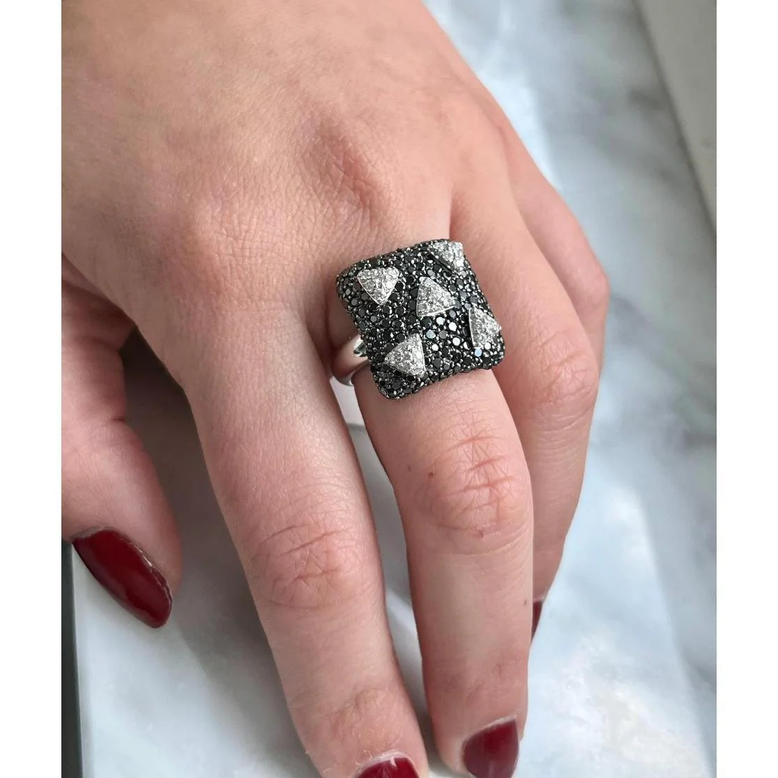 Starlit Night Black and White Diamond Cluster Ring in 18K White Gold - Image 4