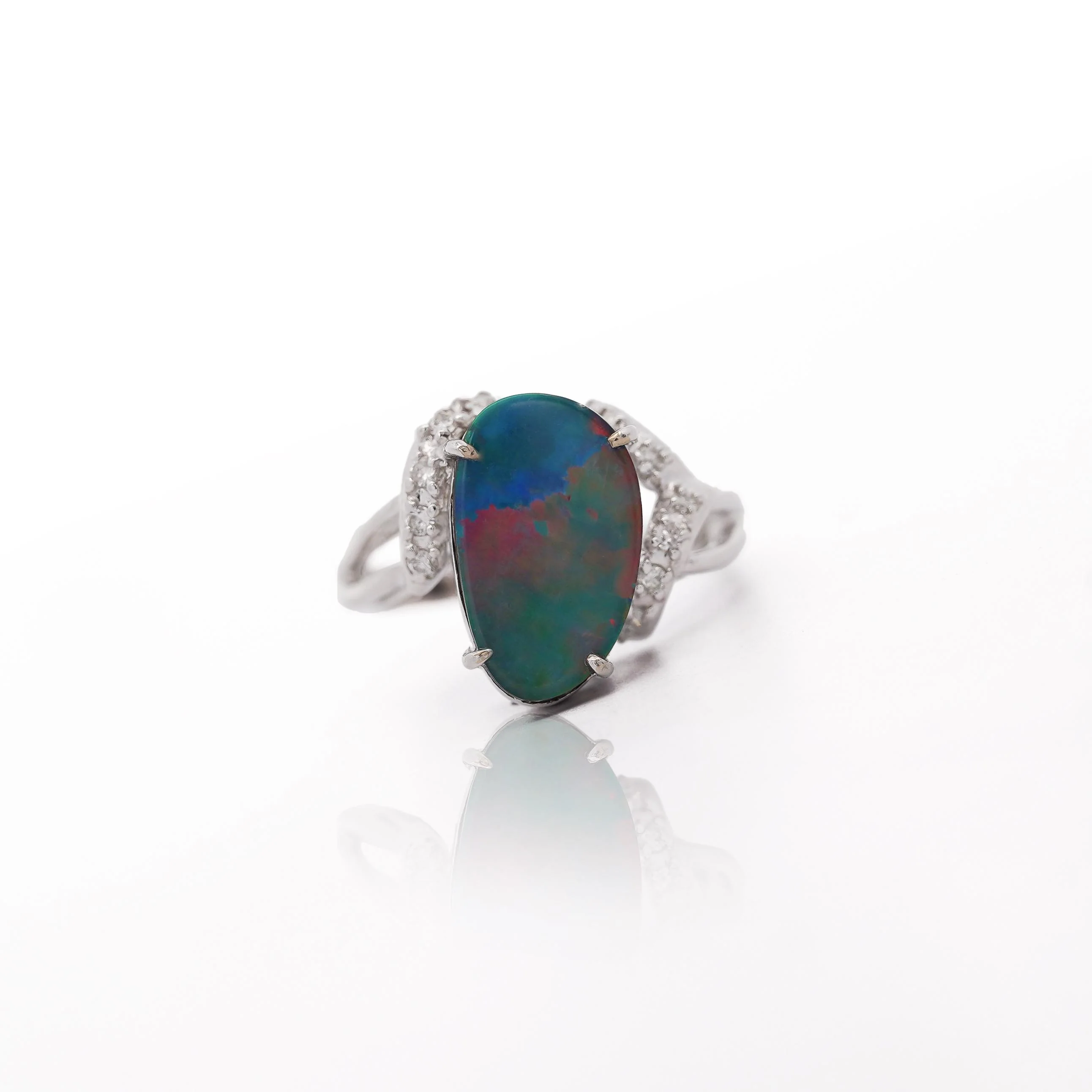 Black Opal Doublet & Diamond Pave Shoulder 14K White Gold Statement Ring