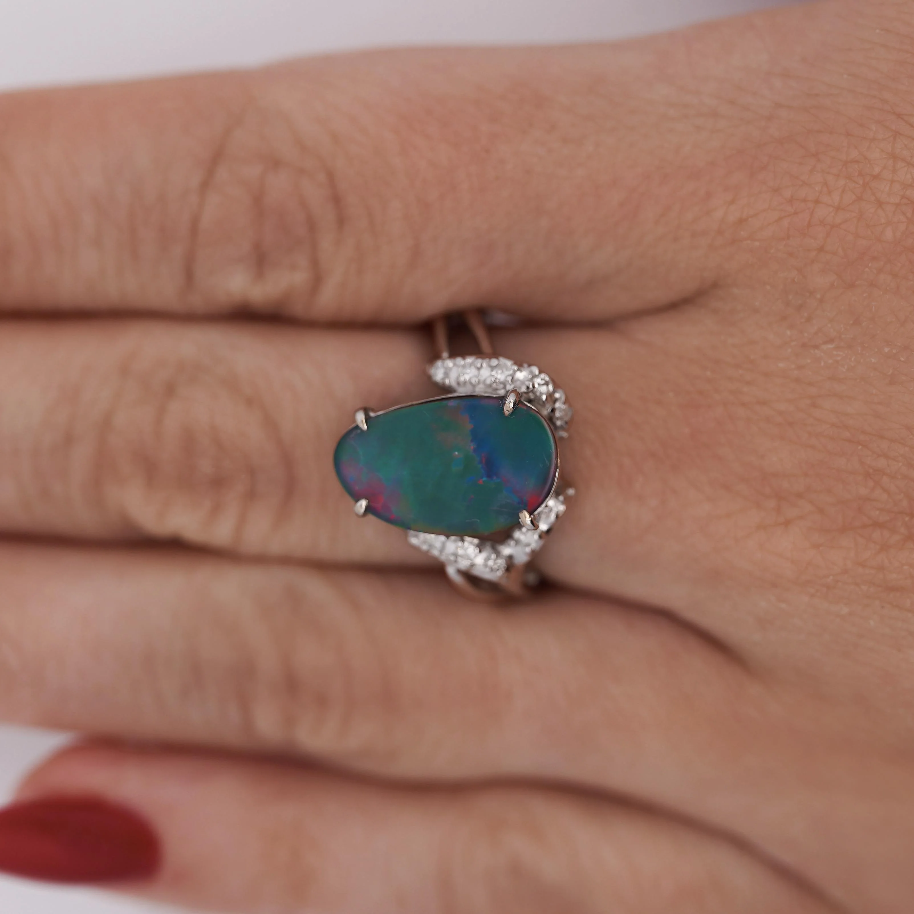 Black Opal Doublet & Diamond Pave Shoulder 14K White Gold Statement Ring - Image 2