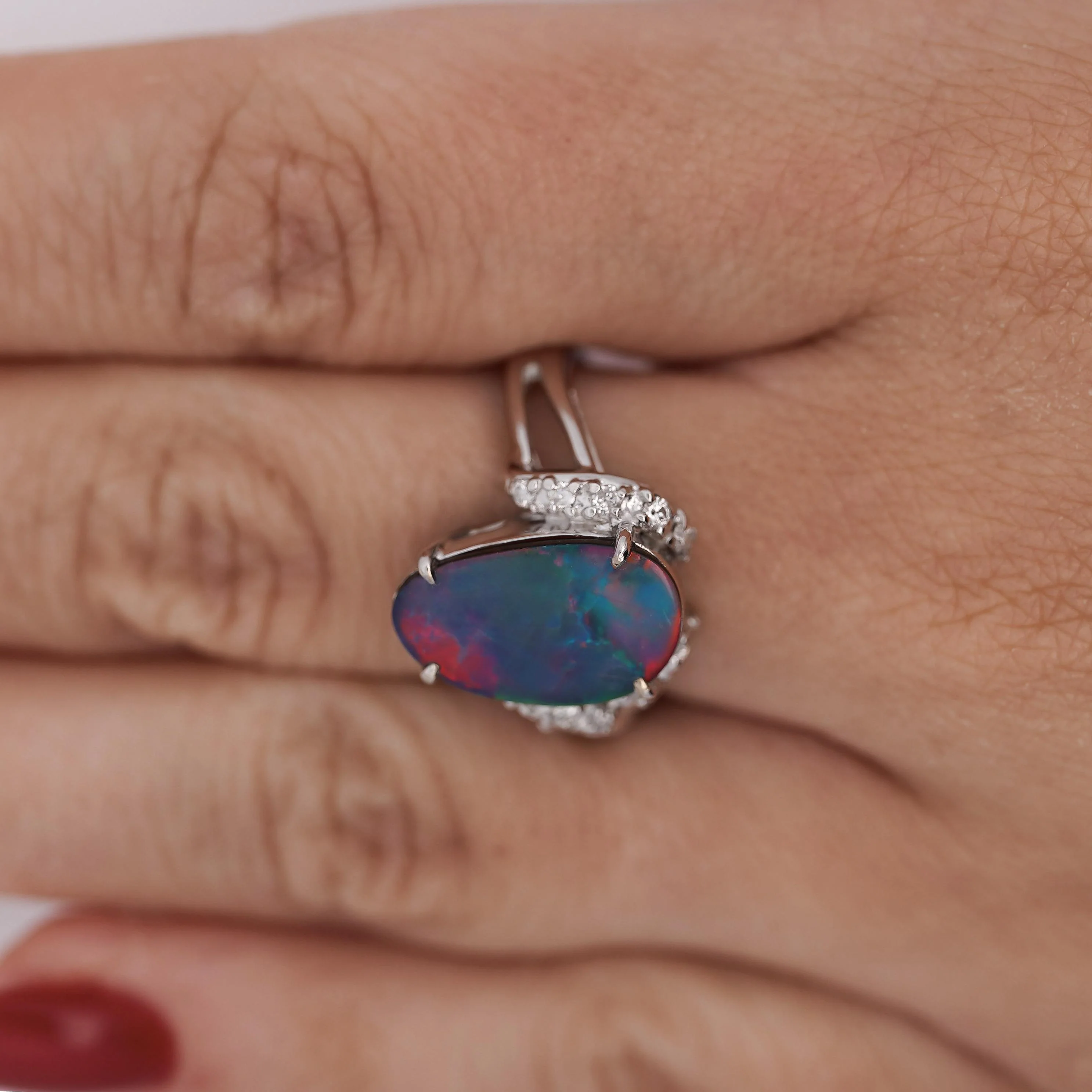 Black Opal Doublet & Diamond Pave Shoulder 14K White Gold Statement Ring - Image 3