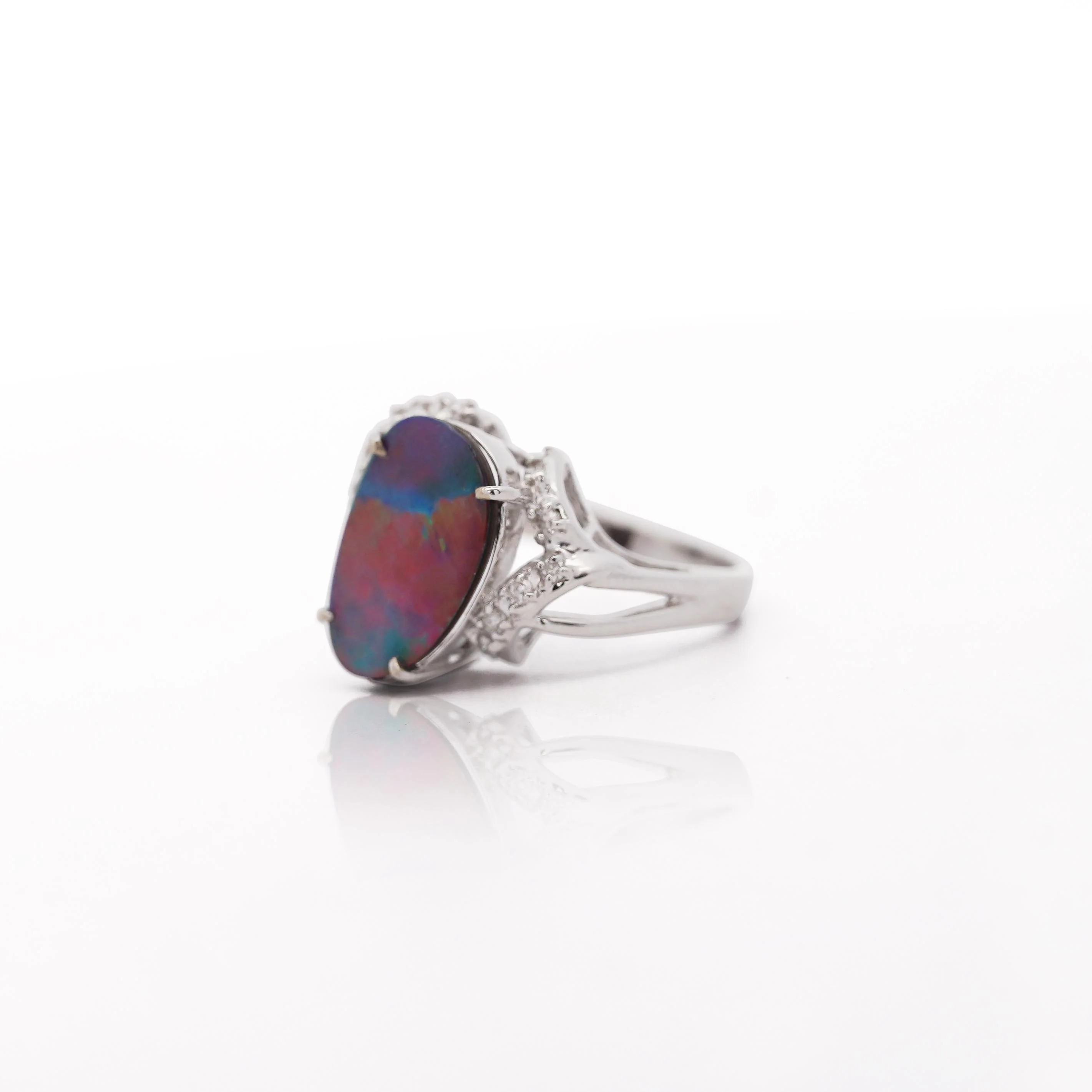 Black Opal Doublet & Diamond Pave Shoulder 14K White Gold Statement Ring - Image 4