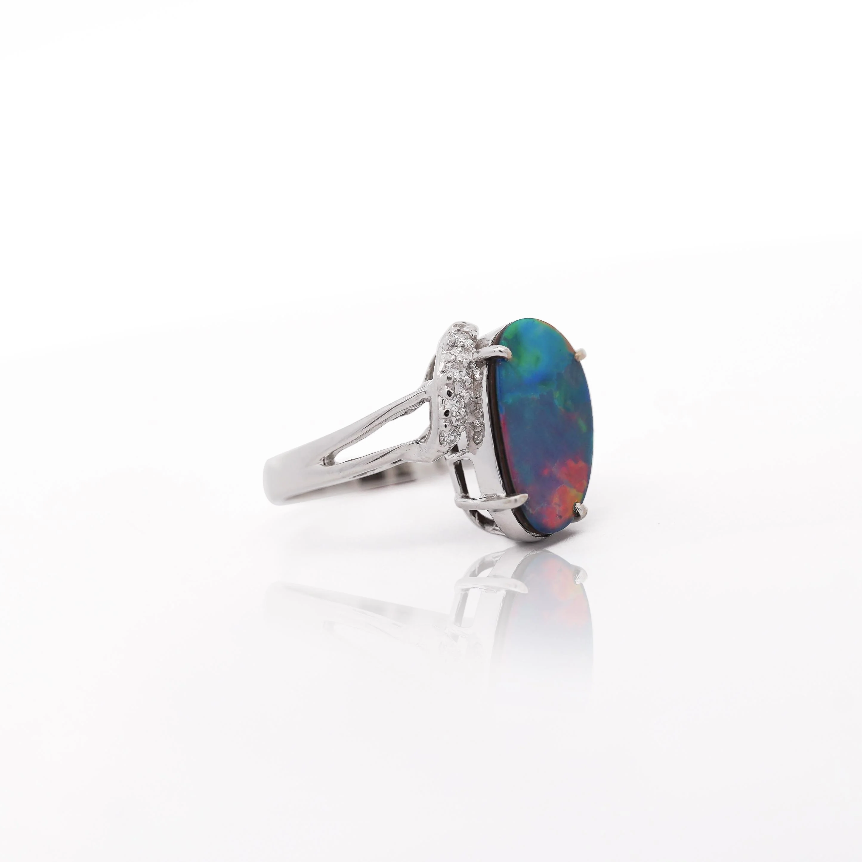 Black Opal Doublet & Diamond Pave Shoulder 14K White Gold Statement Ring - Image 5