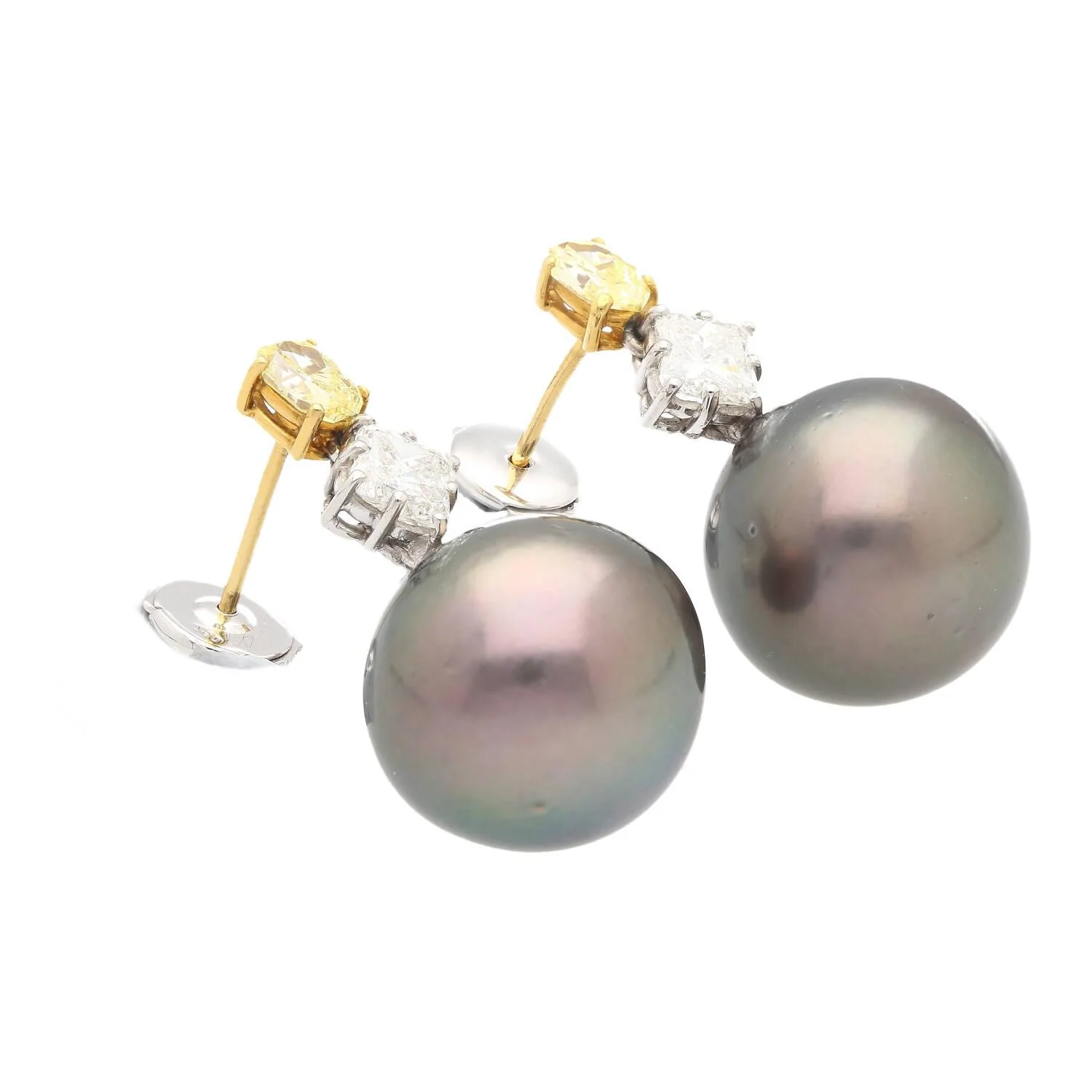 Black Pearl with Fancy Yellow & White Lily Cut Diamond Drop Earrings - Image 4